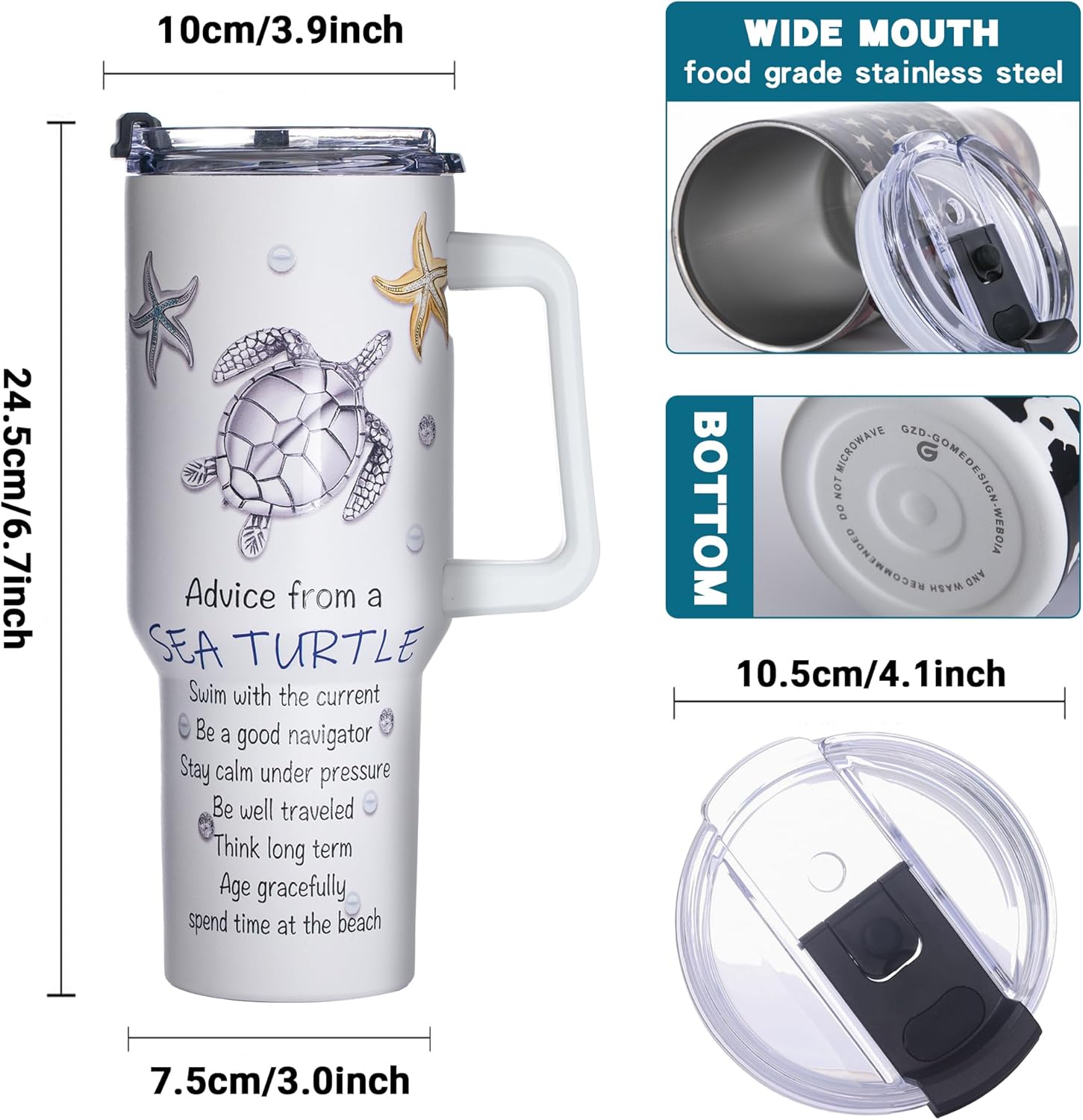 Gome 40 oz Sea Turtle Tumbler with Handle - Insulated Stainless Steel Ocean-Themed Cup with Lid and Straw - Keeps Drinks Cold and Hot,Birthday Gifts for Women - Hand Wash Only