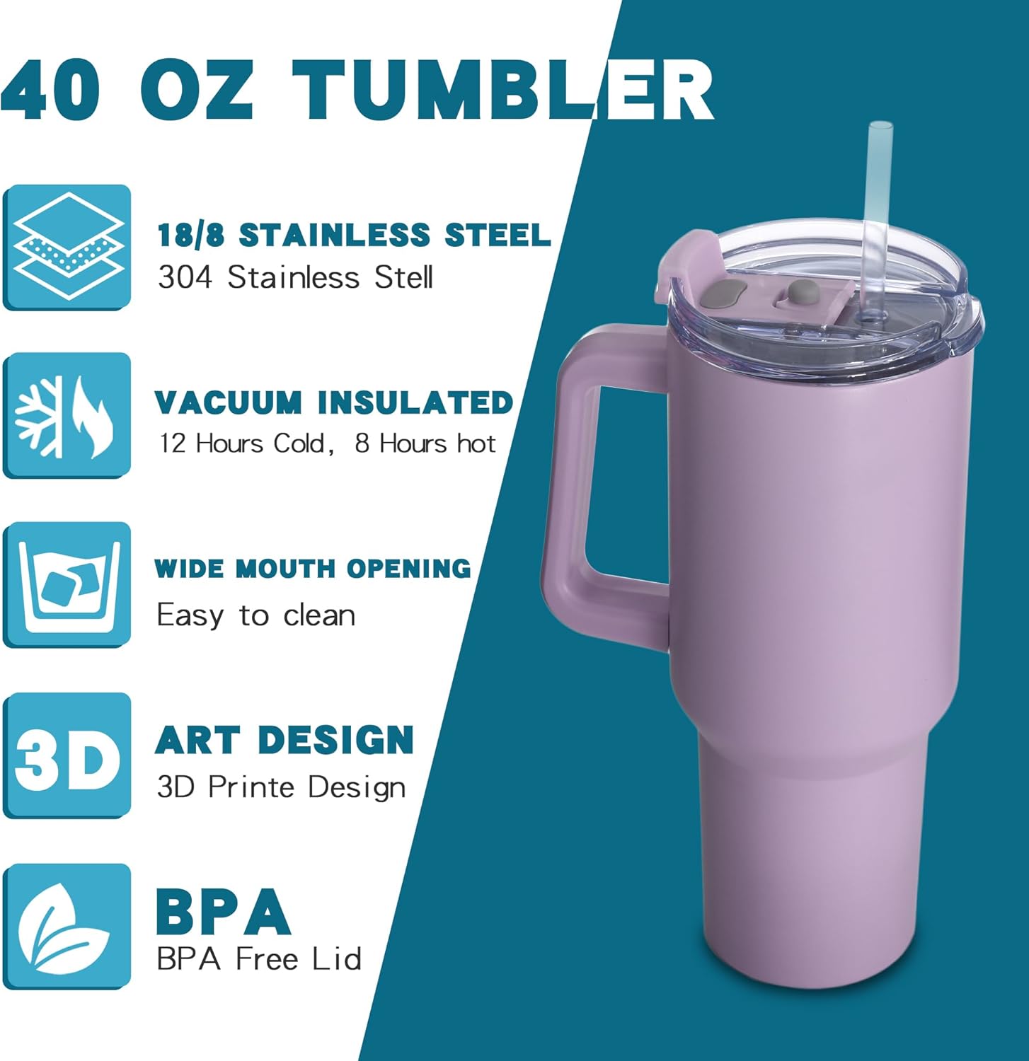 Gome 40 oz Tumbler with Handle - Stainless Steel Cup with Straw - Insulated Coffee Mug with Lid - Daisy Birthday Gifts for Women - Hand Wash Only Lavender purple