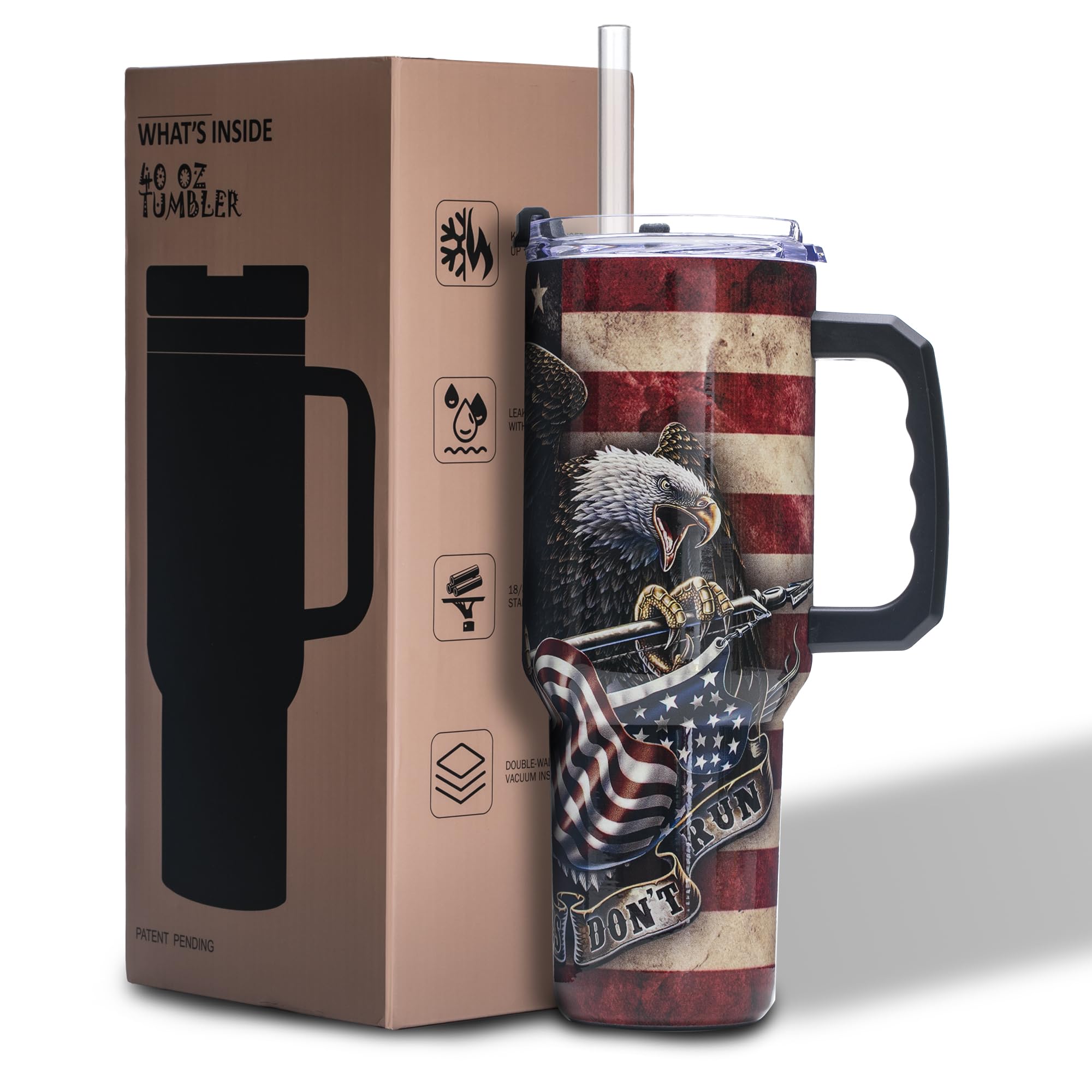 Gome 40oz American Flag & Eagle Tumbler – Patriotic 4th of July Gifts for Men, Veterans & Military, Insulated Stainless Steel Cup with Handle, Lid & Straw, Independence Day Gift for Dad