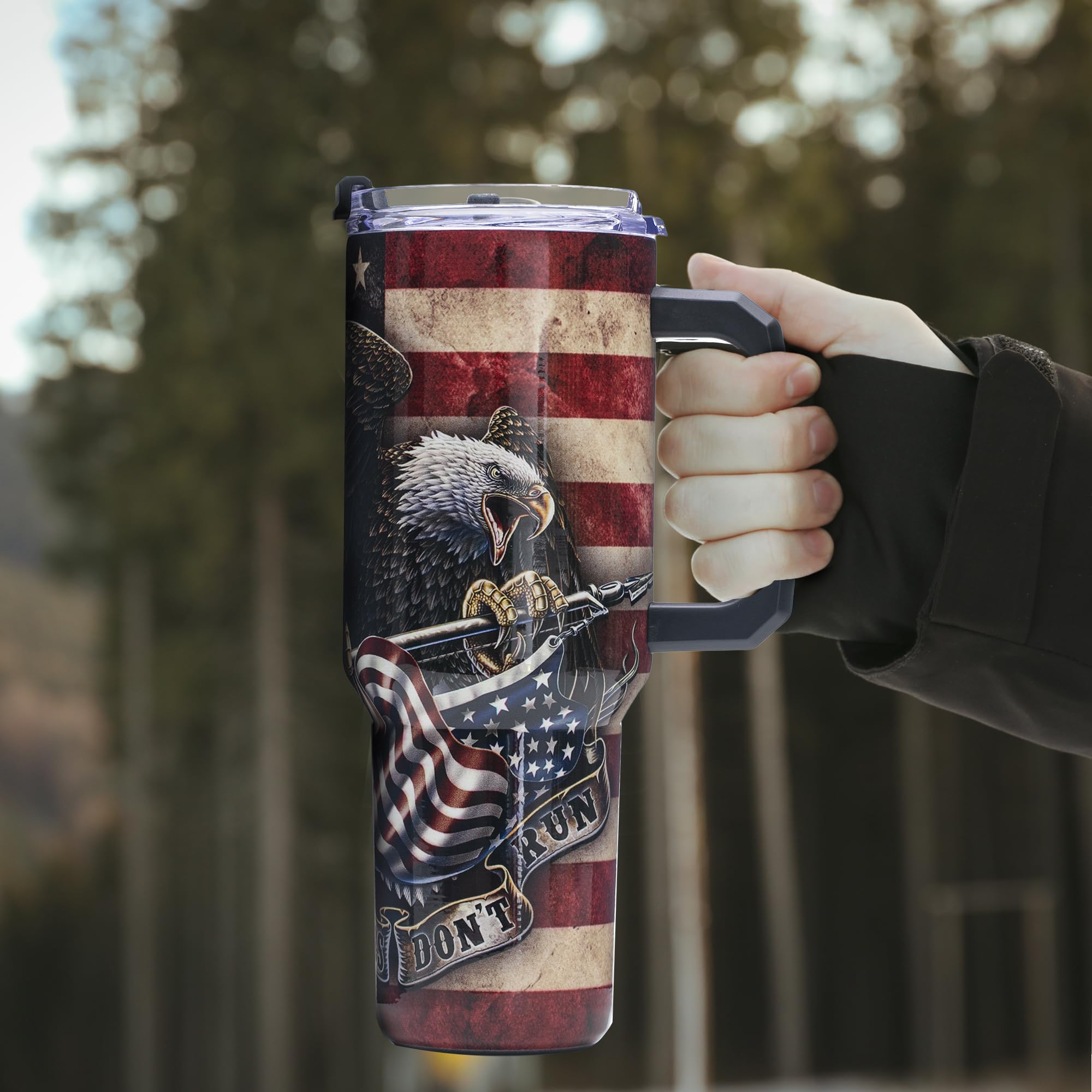 Gome 40oz American Flag & Eagle Tumbler – Patriotic 4th of July Gifts for Men, Veterans & Military, Insulated Stainless Steel Cup with Handle, Lid & Straw, Independence Day Gift for Dad