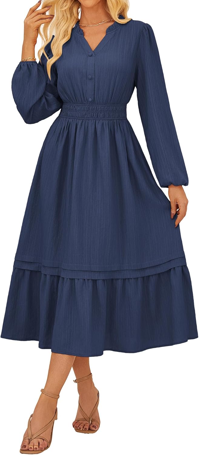 GRACE KARIN 2025 Women's Casual Fall Long Sleeve Midi Dresses, V-Neck Smocked Tiered Dress,Wedding Guest Dress