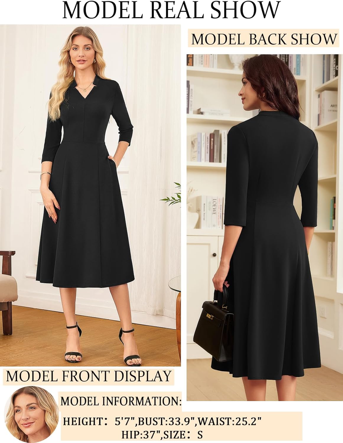 GRACE KARIN Business Dresses for Women Wear to Work Dresses 3/4 Sleeve Midi Aline Dress with Pockets