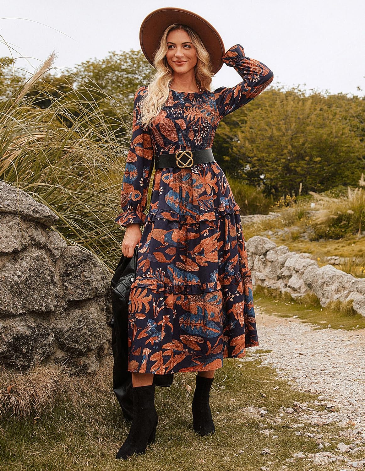 GRACE KARIN Women's Floral Midi Dress 2025 Long Sleeve Fall Elegant Smocked Tiered Flowy Wedding Guest Dresses with Pockets