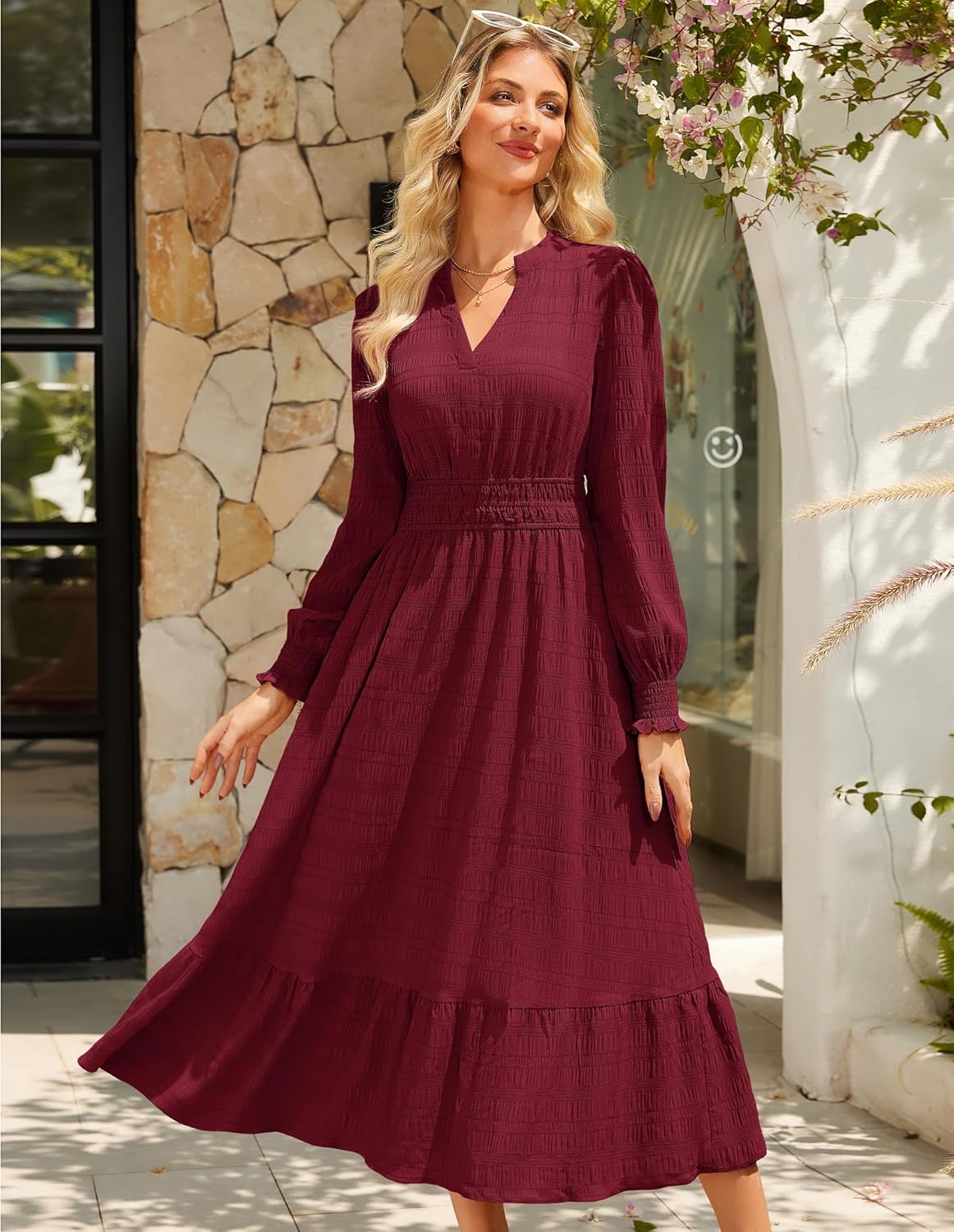GRACE KARIN Women's Puff Long Sleeve V Neck Smocked Maxi Dress Tiered A-line Spring Fall Flowy Long Dress with Pockets