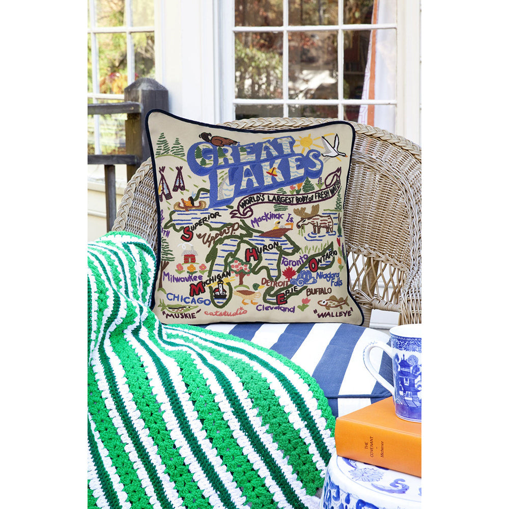 Great Lakes Hand-Embroidered Pillow