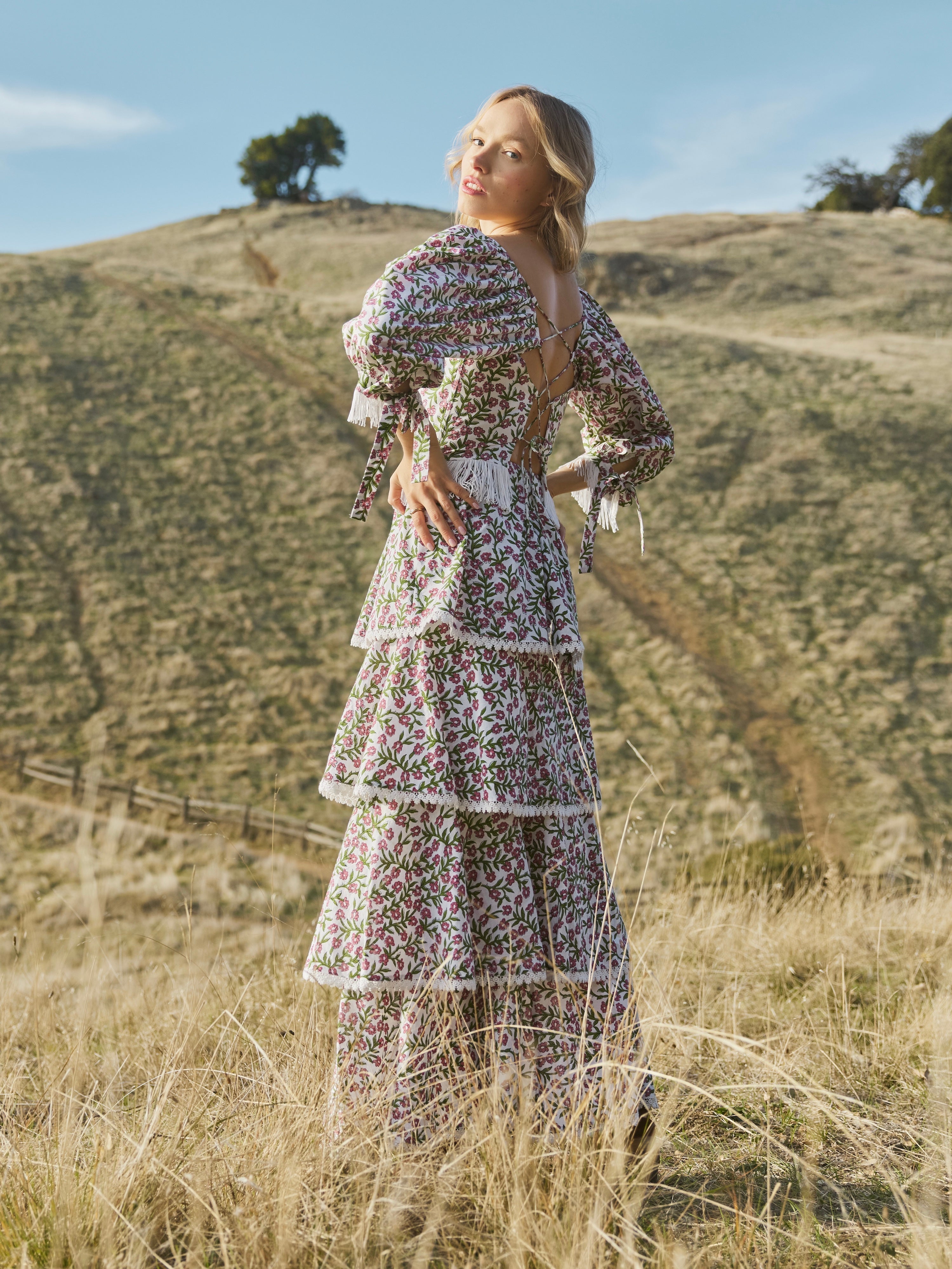 Peyton Puff Sleeve Fringe Top - Ivory/Amaranth Floral