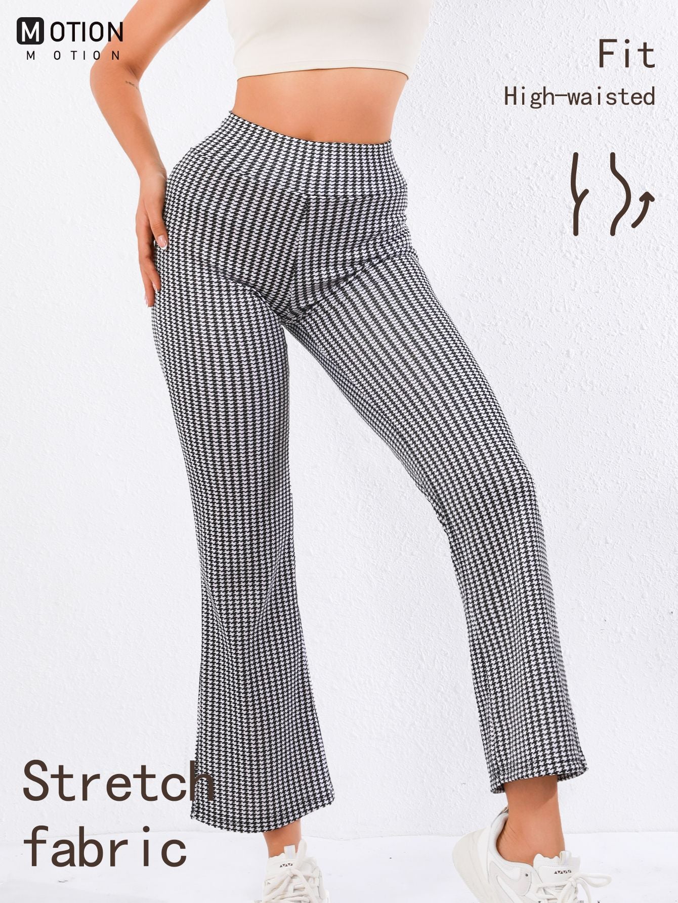 High-Waisted Houndstooth Flare Trousers – Sleek Fit, Comfy Stretch, Classy Look