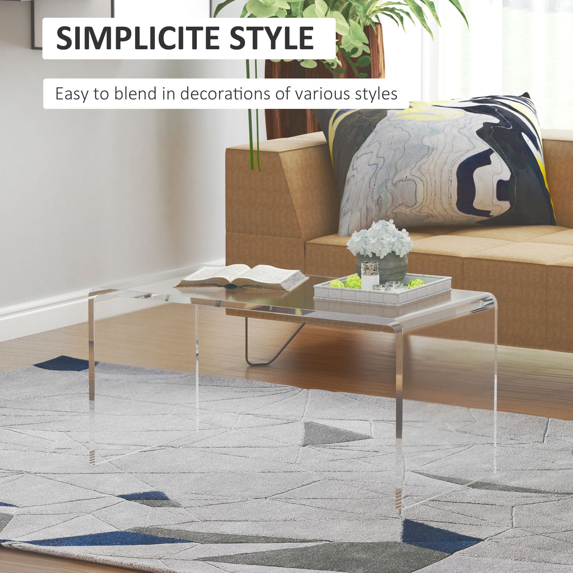 HOMCOM 32" Clear Acrylic Coffee Table, 0.5In Thick C-Shape Waterfall End Coffee Table, Multipurpose Lucite Tea Table for Living Room