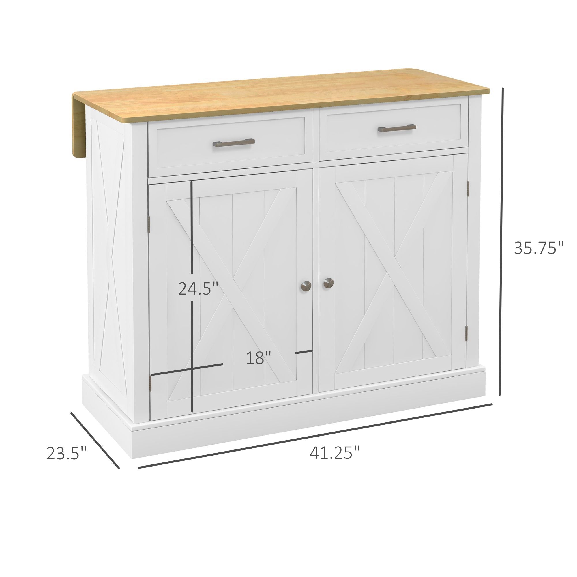 HOMCOM Farmhouse Kitchen Island Cart with Drop Leaf Breakfast Bar, 2 Drawers, Adjustable Shelves, White Wood