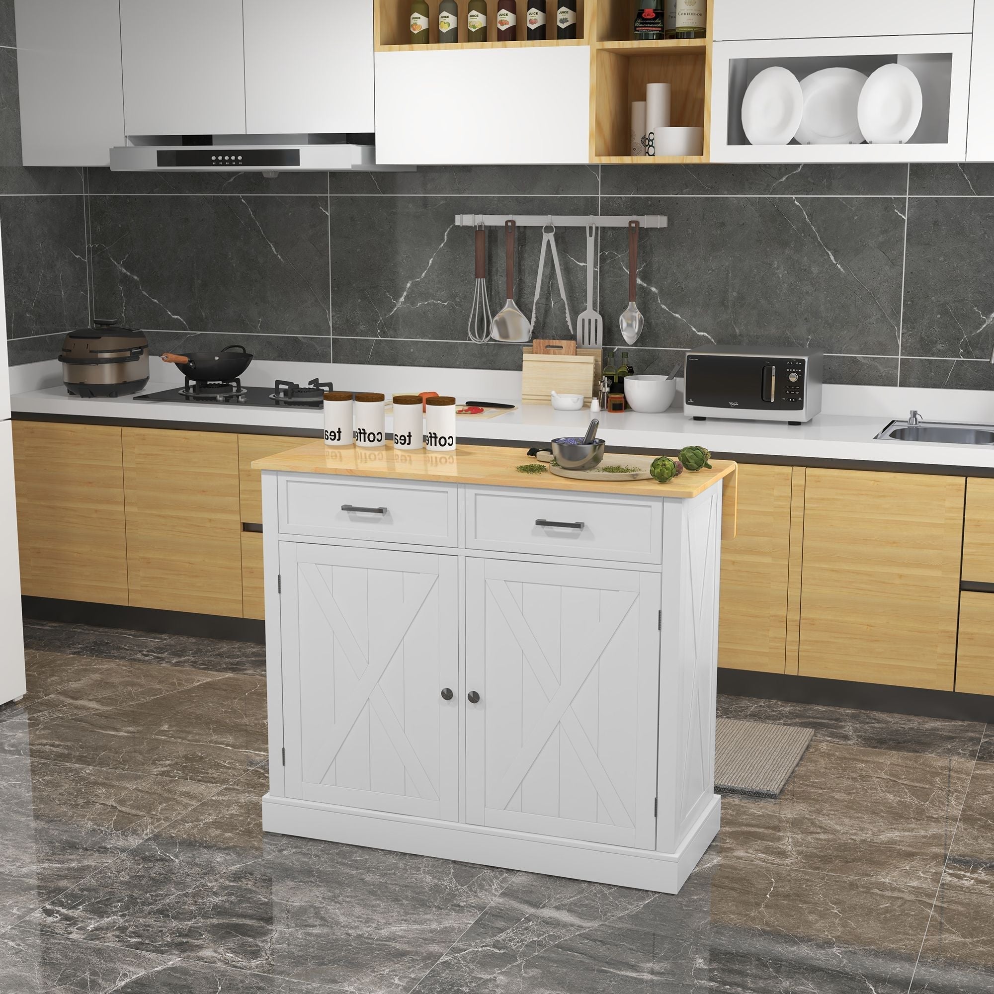 HOMCOM Farmhouse Kitchen Island Cart with Drop Leaf Breakfast Bar, 2 Drawers, Adjustable Shelves, White Wood