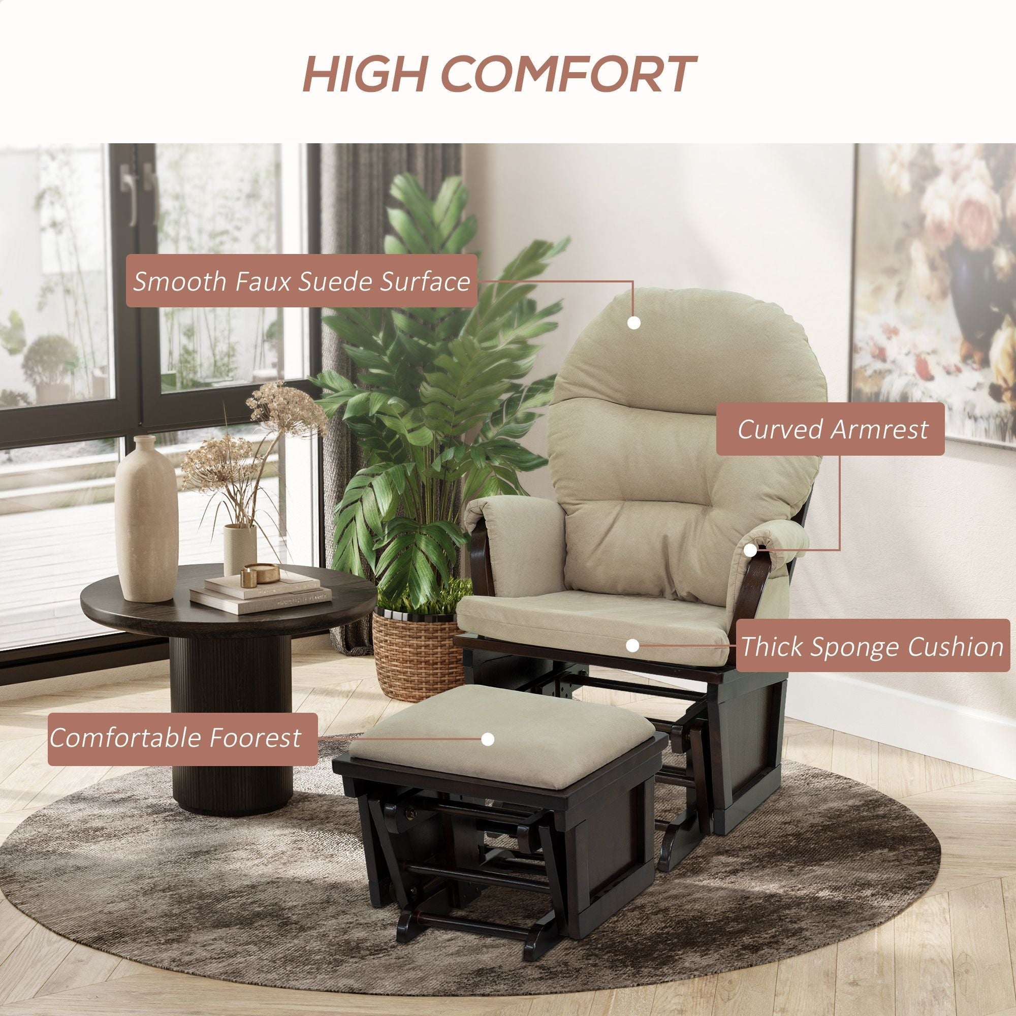 HOMCOM Nursery Glider Rocking Chair with Ottoman, Thick Padded Cushion Seating and Wood Base, Cream White