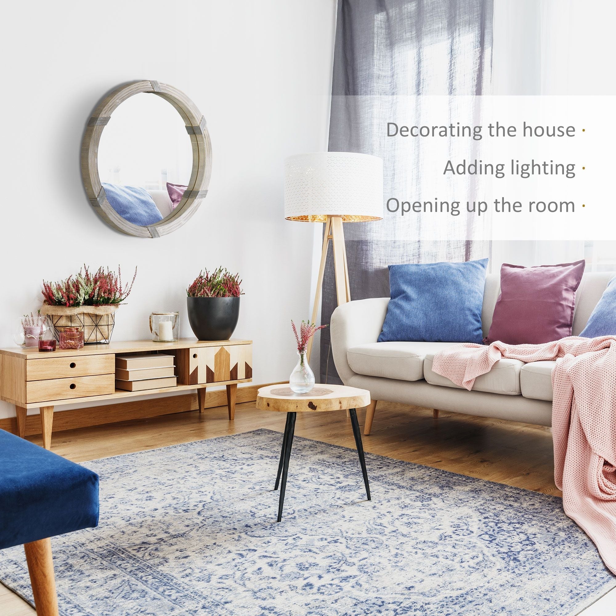 HOMCOM Round Wood Wall Mirror 31 Inch Natural Wood Color for Living Room Bedroom