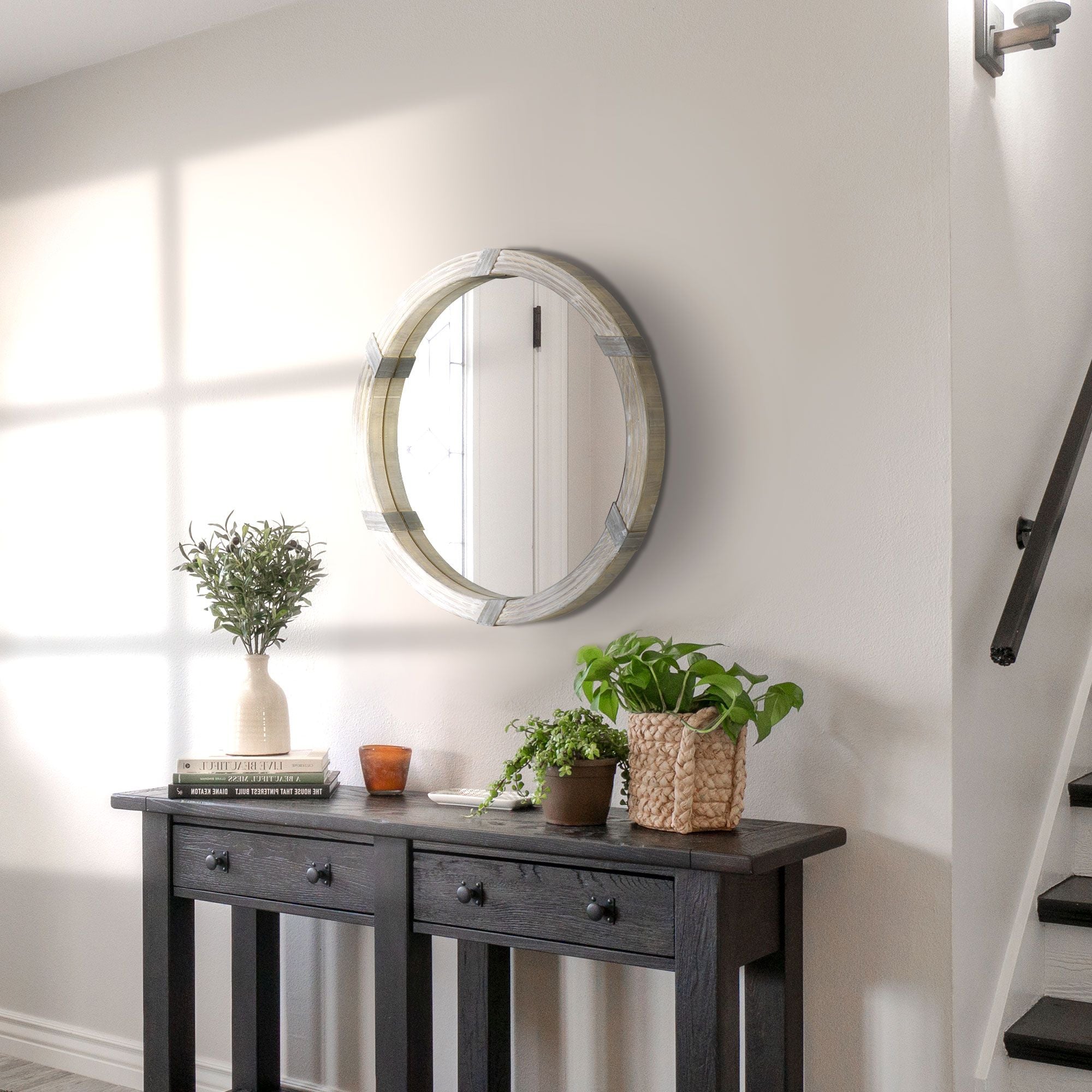 HOMCOM Round Wood Wall Mirror 31 Inch Natural Wood Color for Living Room Bedroom