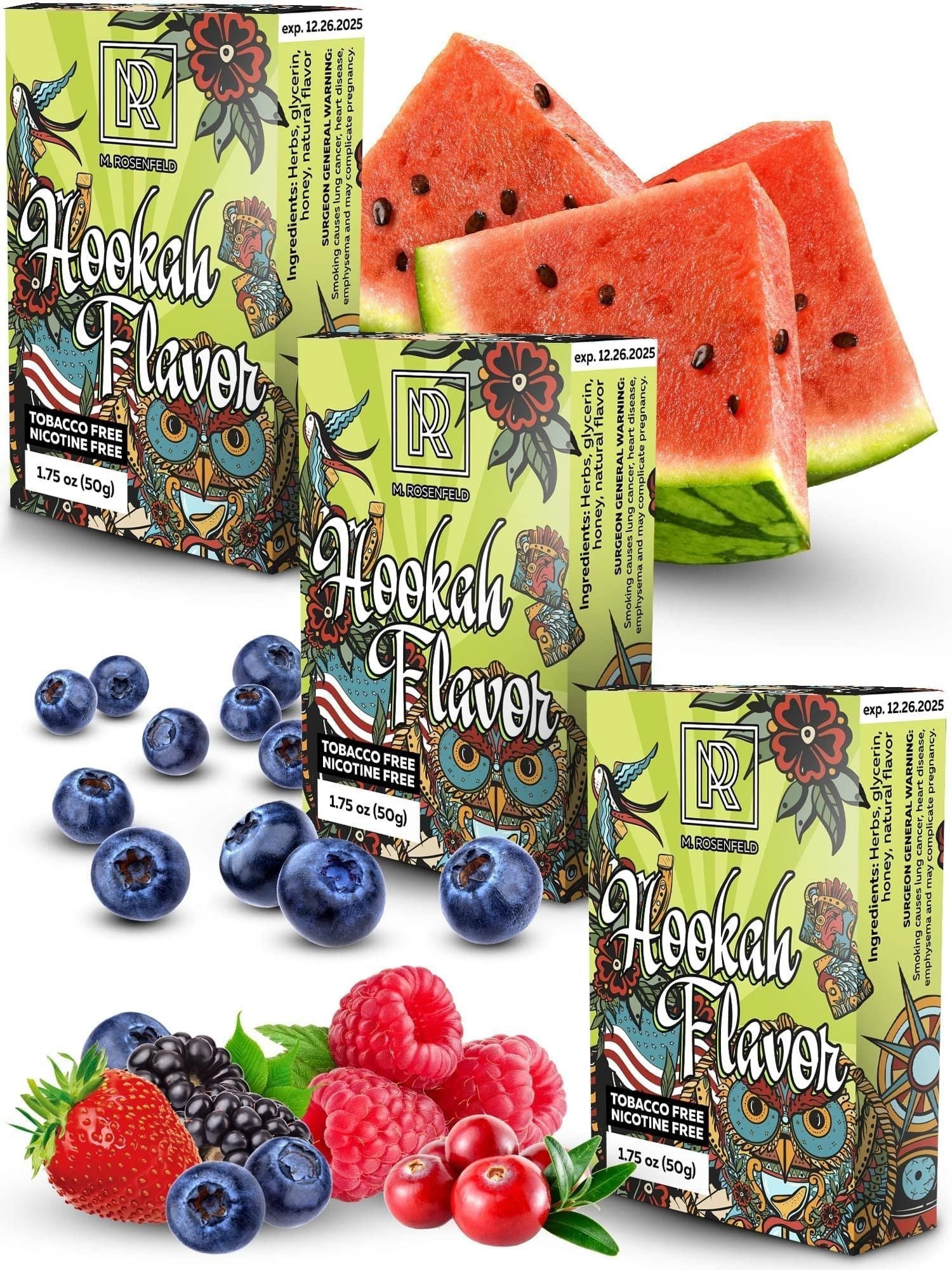 Hookah Shisha Flavors Set 3x1.75 oz (50 g) Shisha Hookah Flavors for your Hookah Bowl (Blueberry Watermelon Wild Berries) Pack of 3