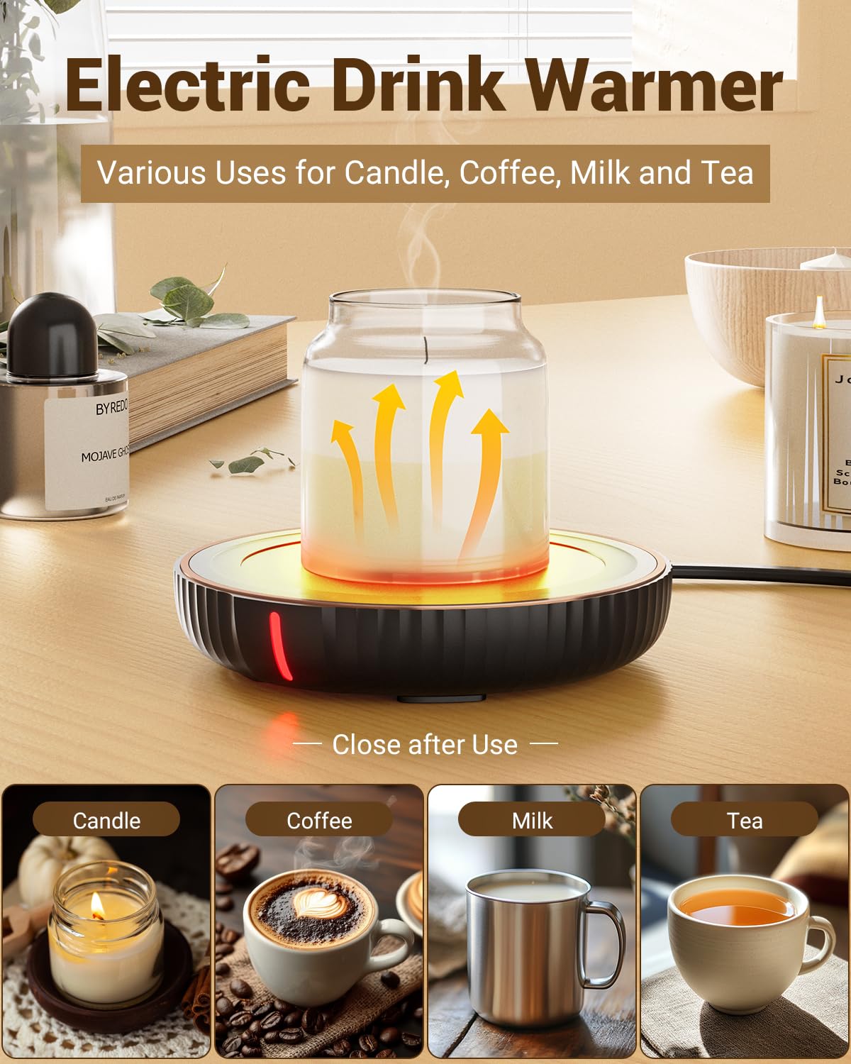 HouseGem Large Candle Warmer Plate,Ideal Desk Cup Warmer for Coffee, Beverages, Milk & Tea (Black)