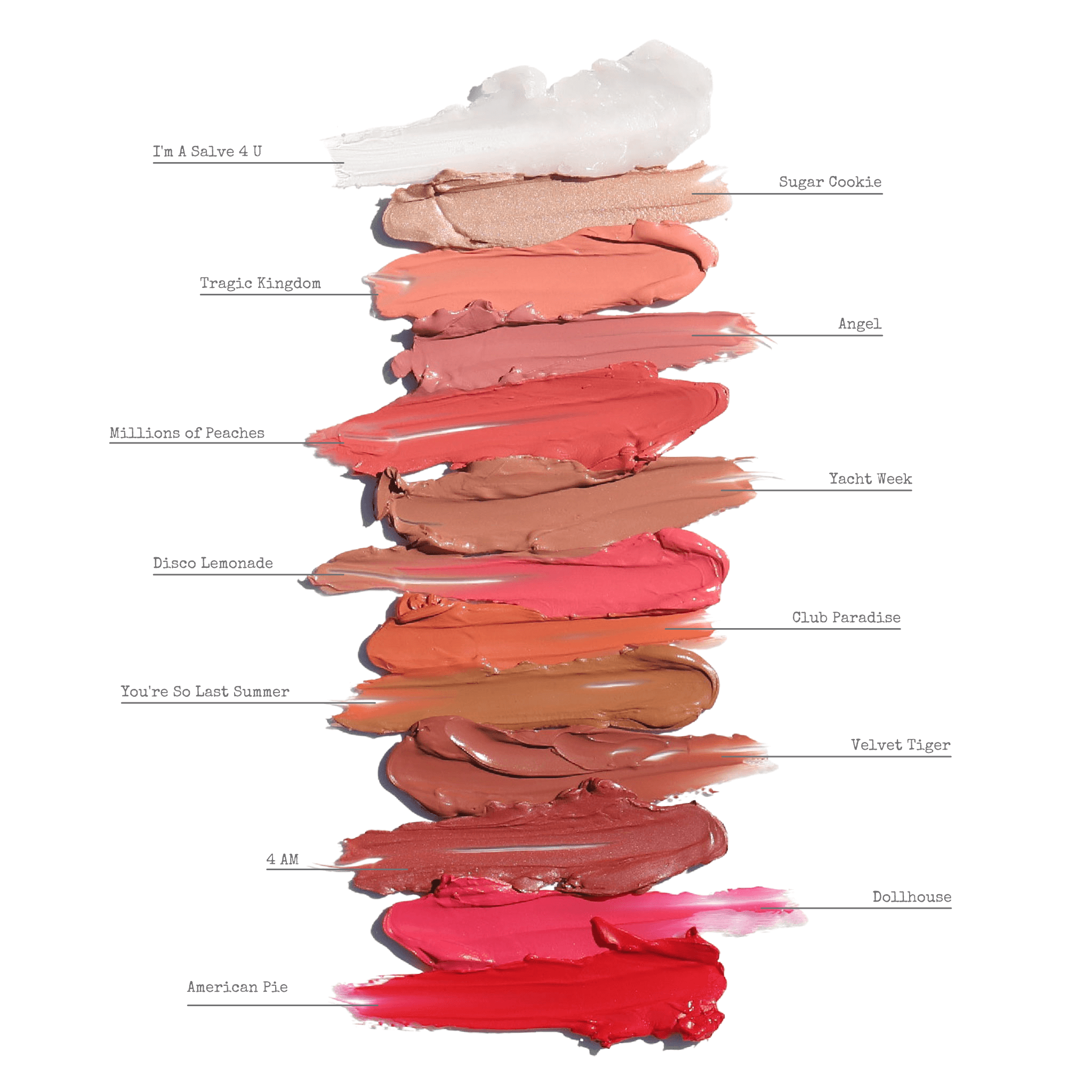 A row of Candy Paint Cream Highlighter compacts with labels, showcasing the ultra-blendable, dewy finish highlighter for cheeks, lips, and eyelids.