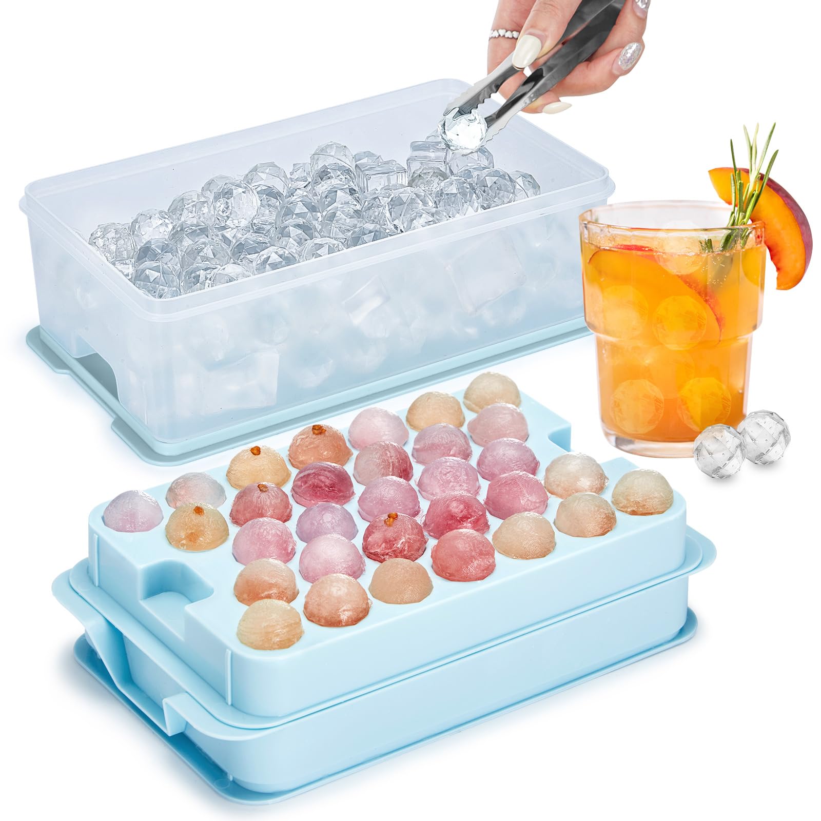Ice Cube Trays for Freezer - 2-Pack Ice Cube Tray with Lid and Bin,BPA-Free Easy Release Ice Cube Tray for Cocktails, Whiskey, Sodas,Diamond 1 Inch Ice Molds Set
