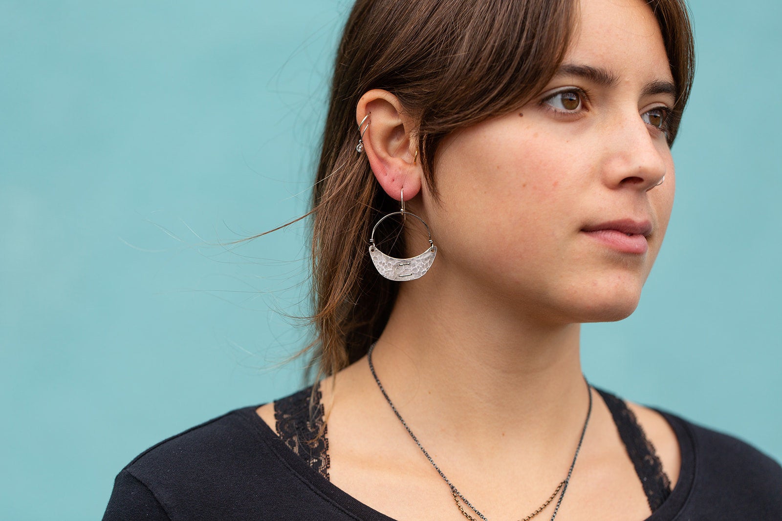 Stitched Sterling Silver Crescent Earrings