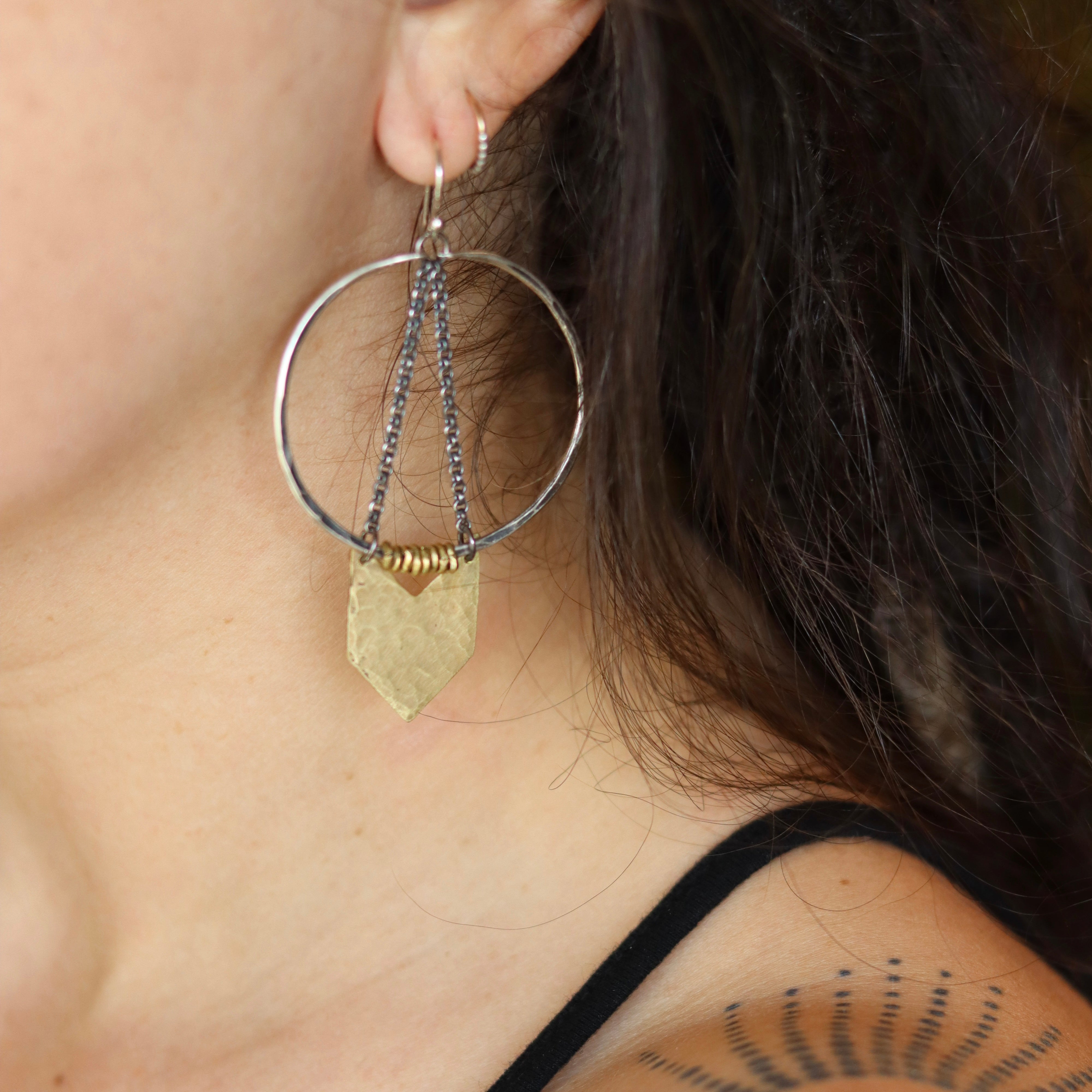 Silver Warrior Earrings with Brass Chevron