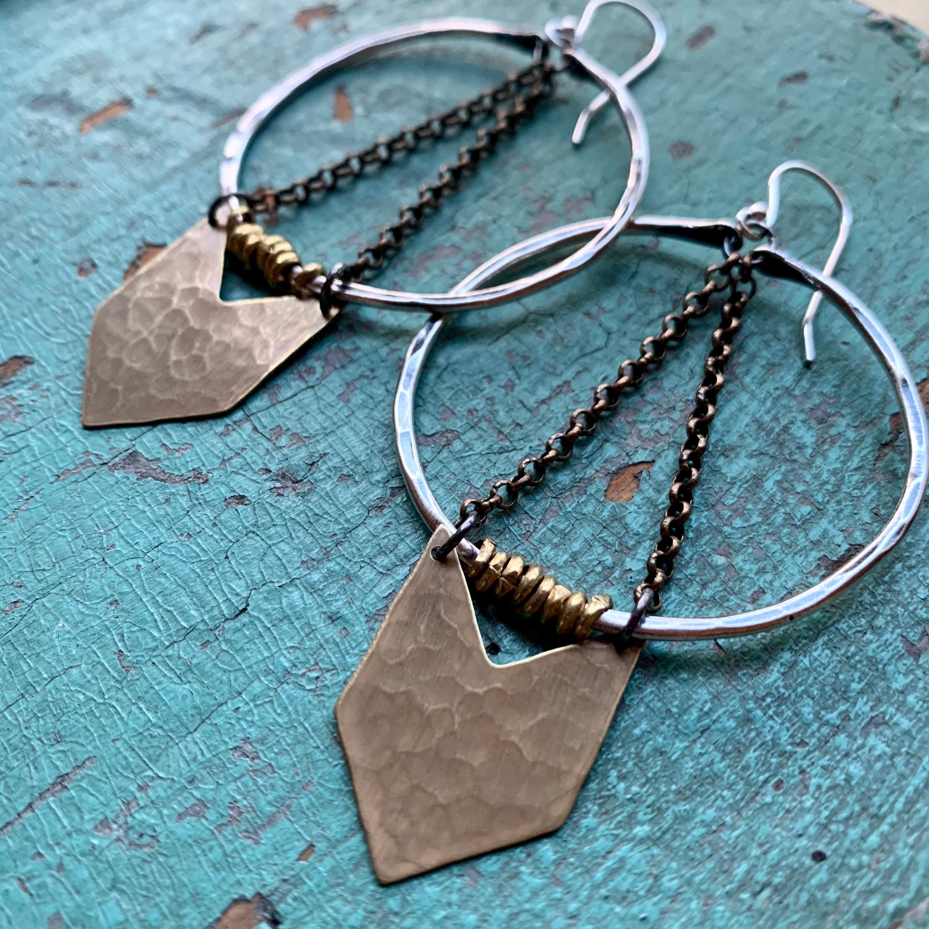 Silver Warrior Earrings with Brass Chevron