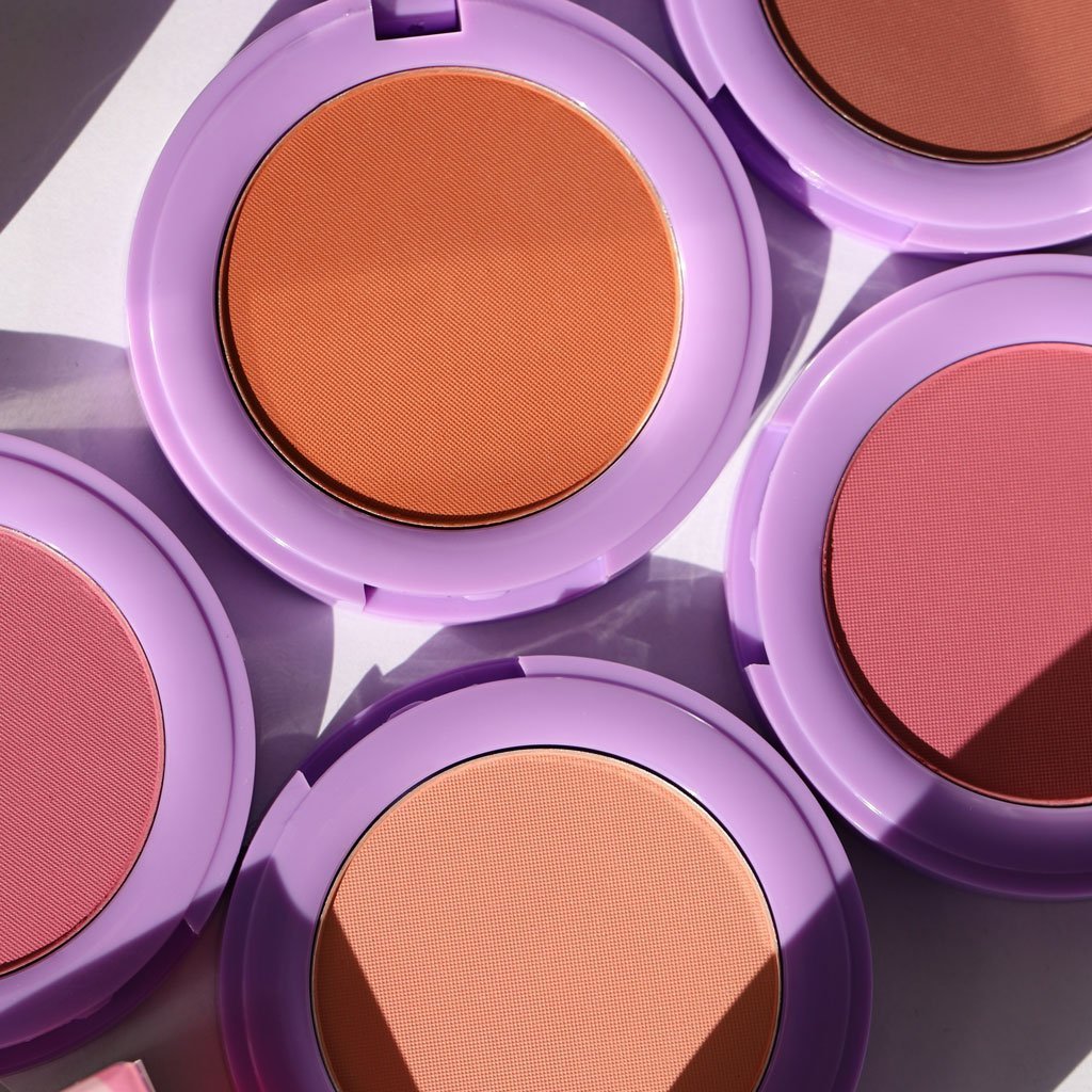 purple compact with orange brown pink pans - In Bloom Powder Blush - Half Caked