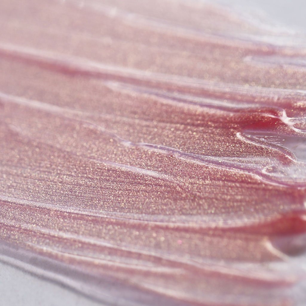 Shimmery gold and pink lip gloss swatch -Instant Crush - Rich Rich - Half Caked