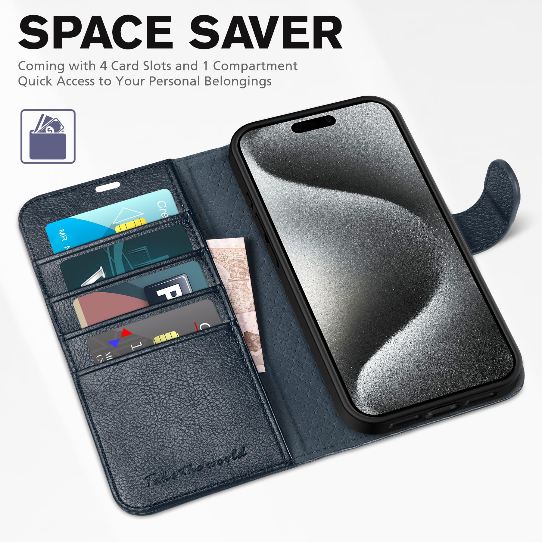 iPhone 15 Pro Max, RFID Blocking 4 Card Holder Kickstand Shockproof TPU Inner Case, PU Leather Magnetic Flip Folio Cover, Black