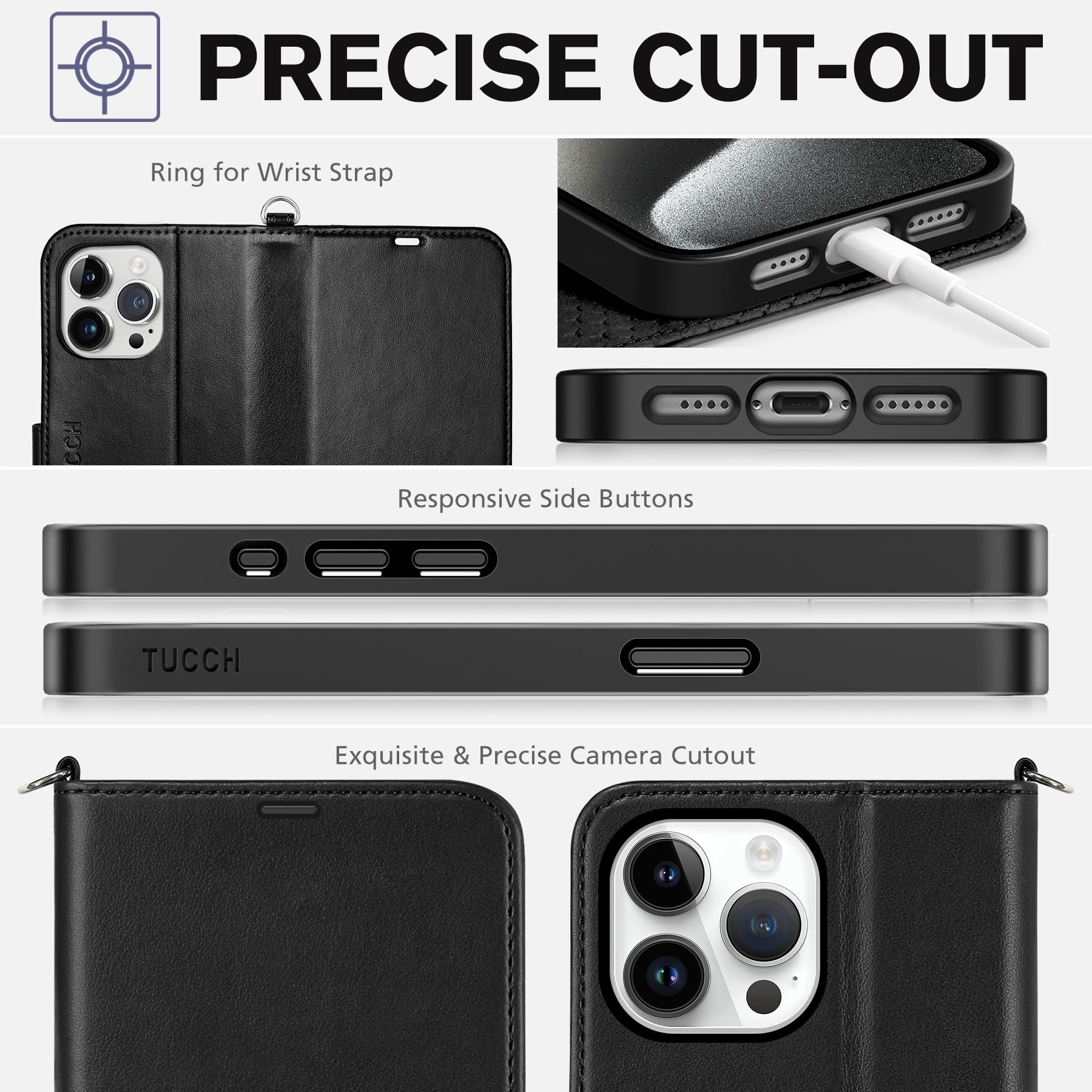 iPhone 15 Pro Max, RFID Blocking 4 Card Holder Kickstand Shockproof TPU Inner Case, PU Leather Magnetic Flip Folio Cover, Black