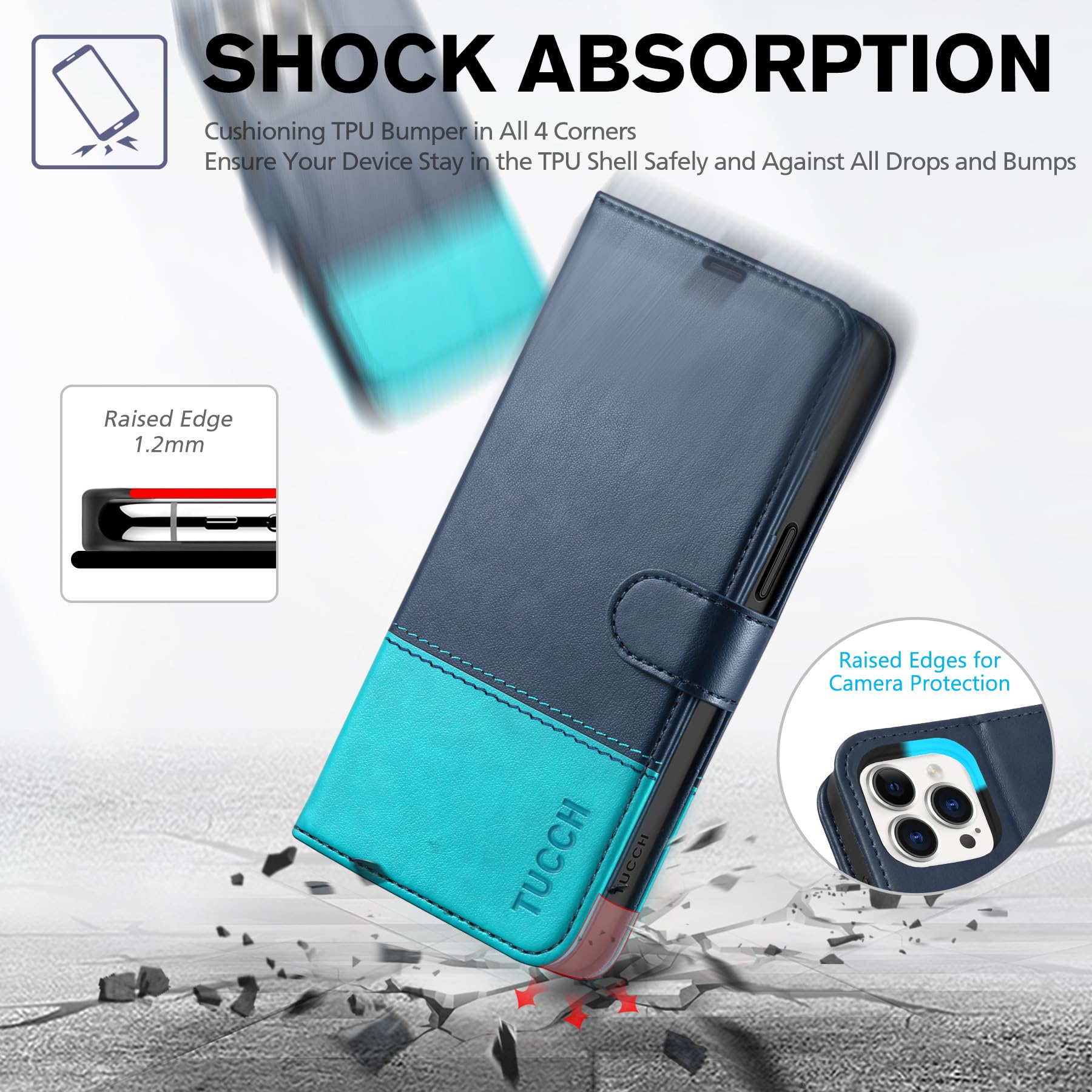 iPhone 15 Pro Max, RFID Blocking 4 Card Holder Kickstand Shockproof TPU Inner Case, PU Leather Magnetic Flip Folio Cover, Black