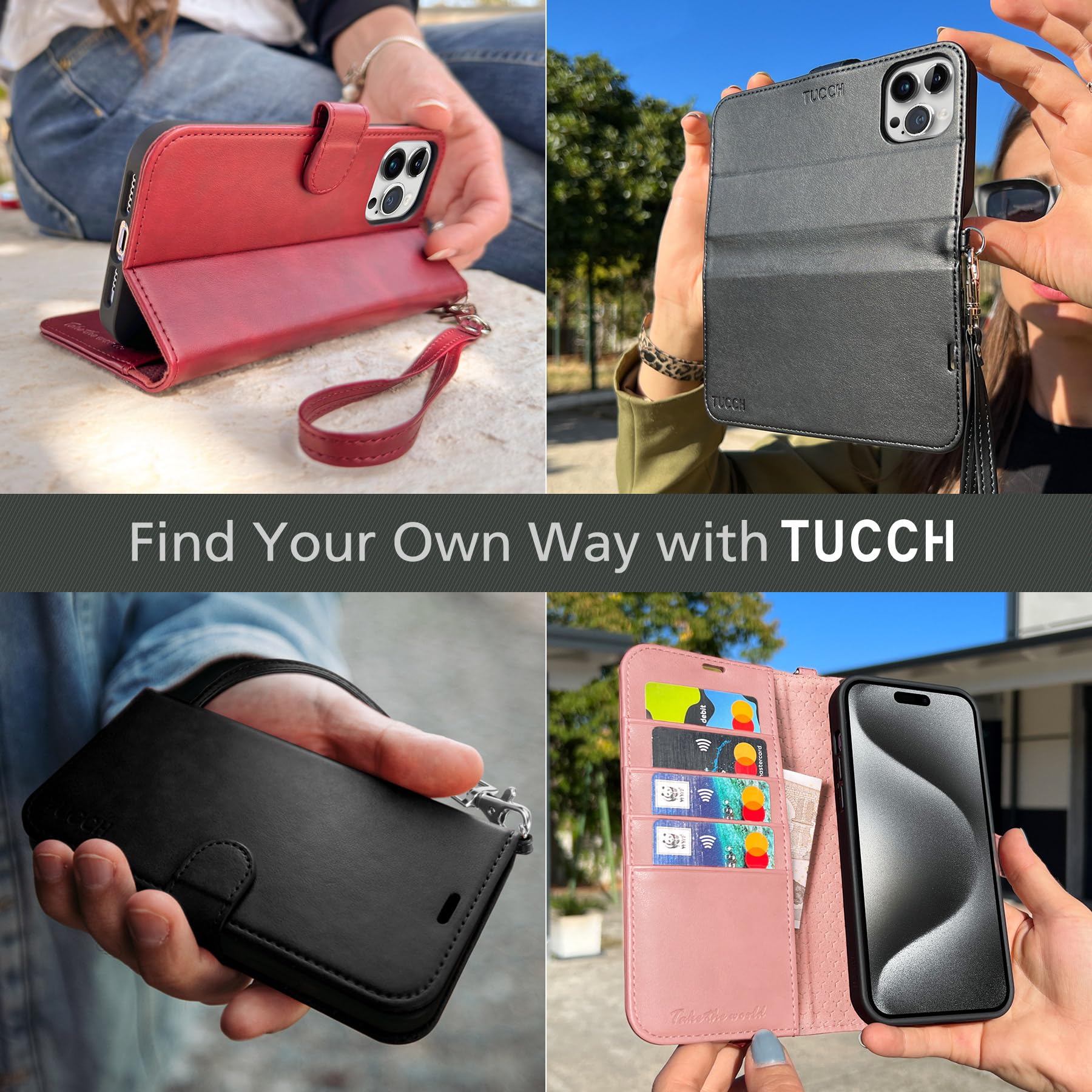 iPhone 15 Pro Max, RFID Blocking 4 Card Holder Kickstand Shockproof TPU Inner Case, PU Leather Magnetic Flip Folio Cover, Black