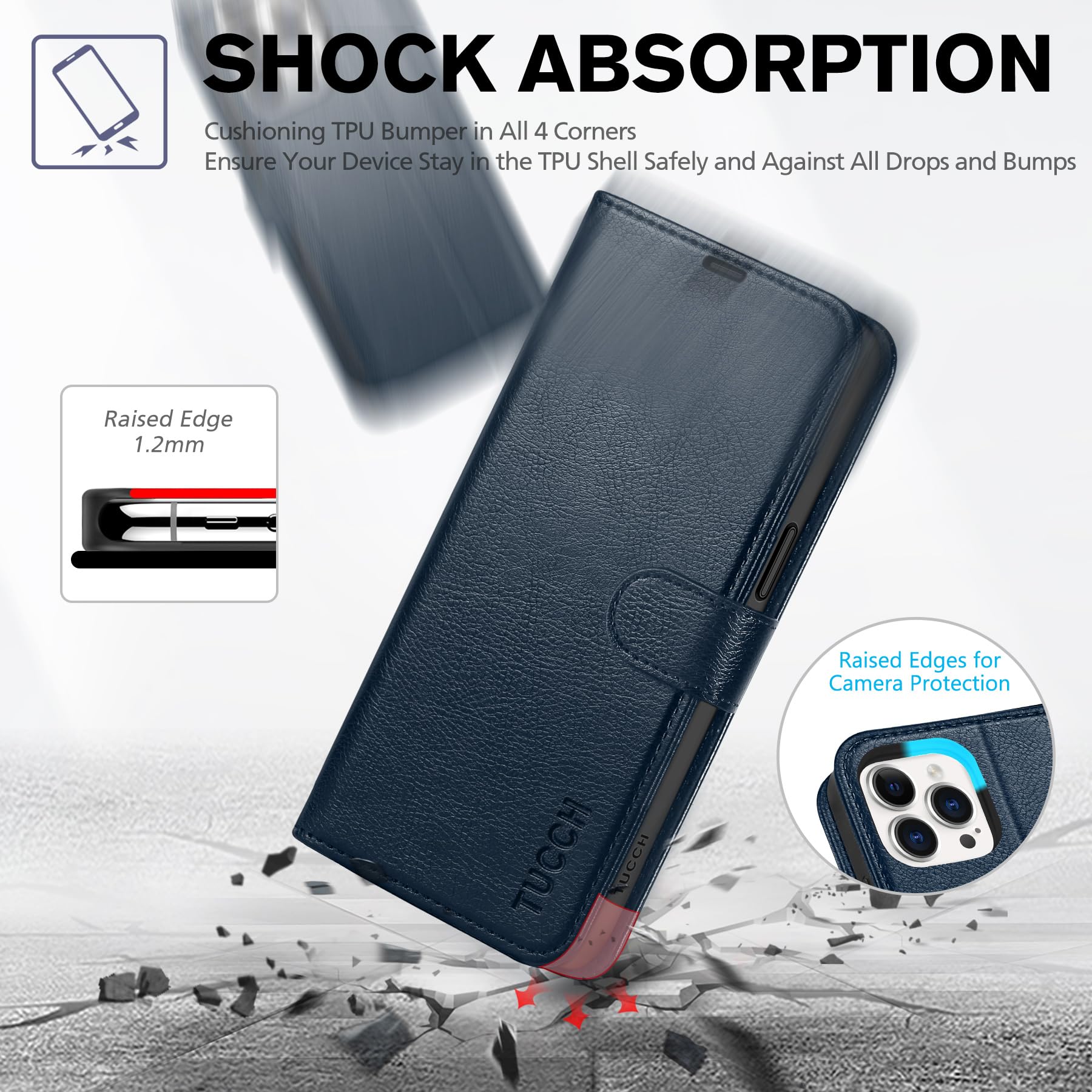 iPhone 15 Pro Max, RFID Blocking 4 Card Holder Kickstand Shockproof TPU Inner Case, PU Leather Magnetic Flip Folio Cover, Black