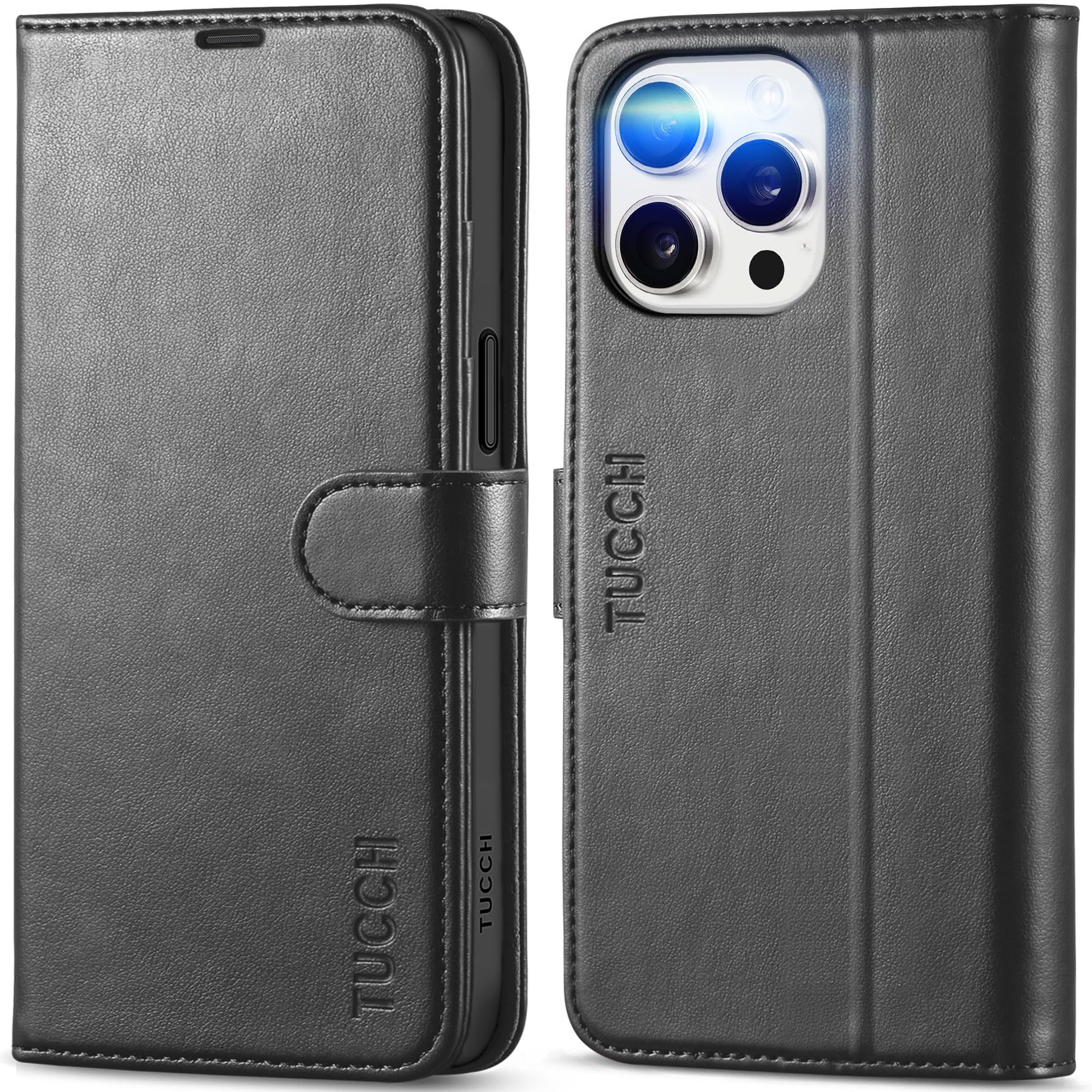 iPhone 15 Pro Max, RFID Blocking 4 Card Holder Kickstand Shockproof TPU Inner Case, PU Leather Magnetic Flip Folio Cover, Black