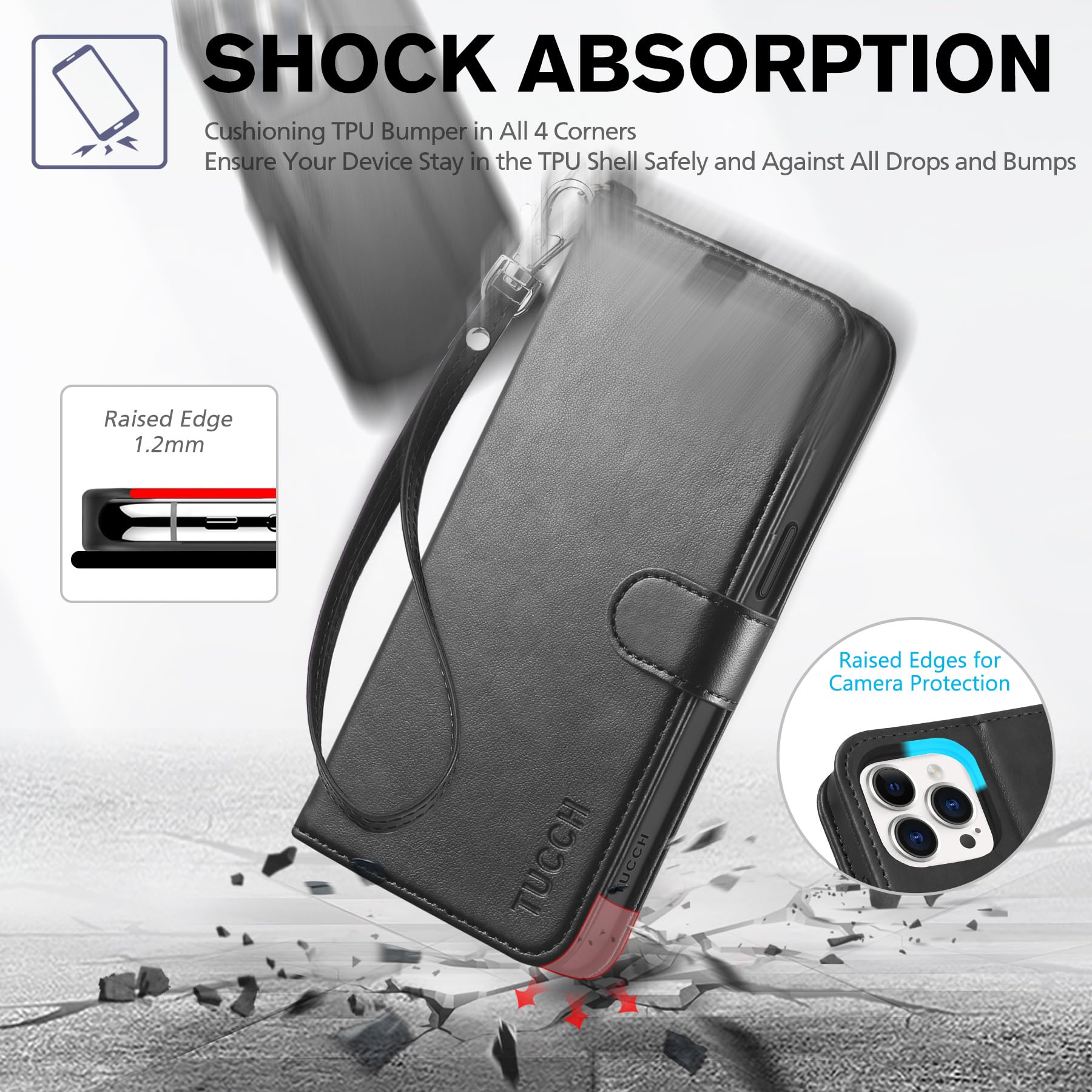 iPhone 15 Pro Max, RFID Blocking 4 Card Holder Kickstand Shockproof TPU Inner Case, PU Leather Magnetic Flip Folio Cover, Black