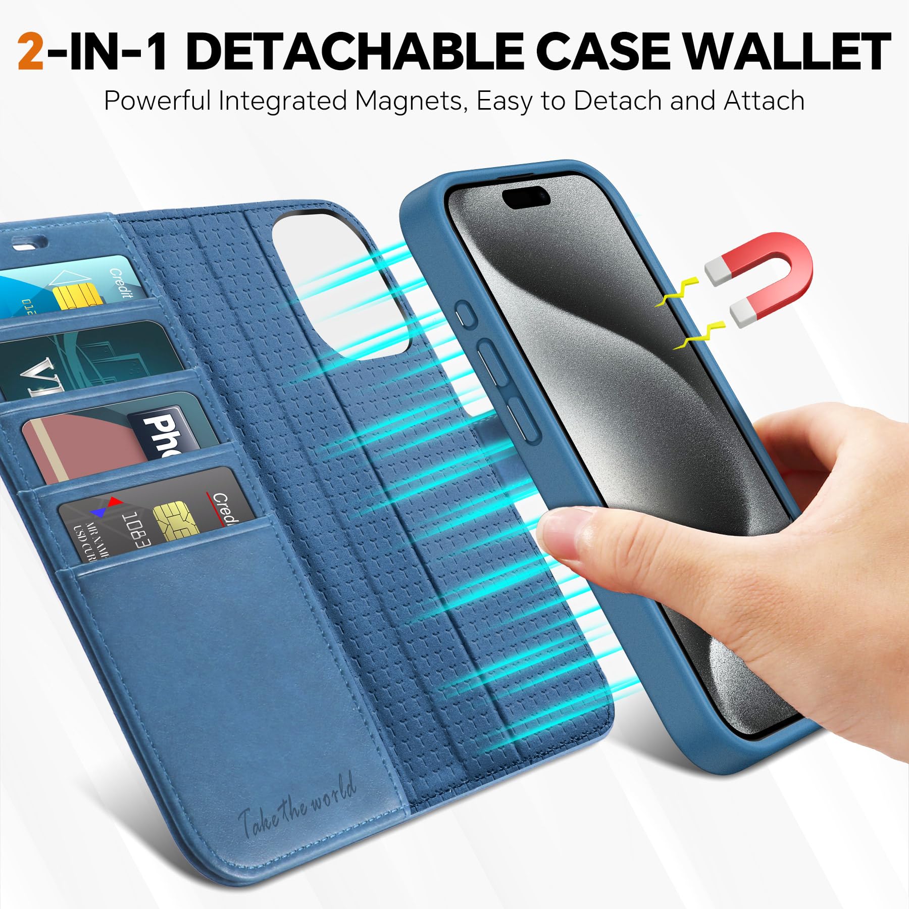 iPhone 15 Pro Max, RFID Blocking 4 Card Holder Kickstand Shockproof TPU Inner Case, PU Leather Magnetic Flip Folio Cover, Black