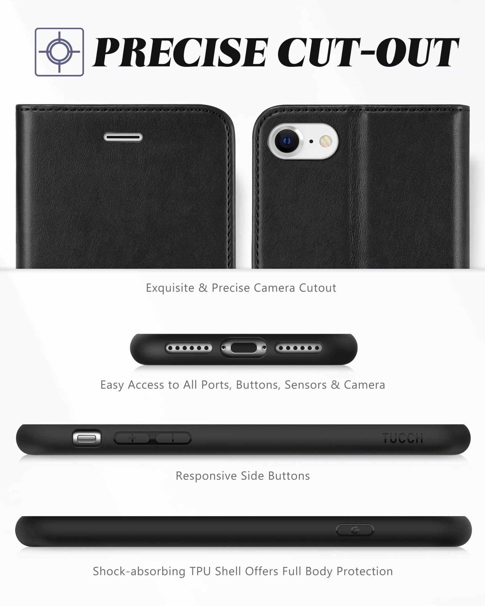 iPhone SE 2022/ iPhone 7/8/iPhone SE 2020, PU Leather 3 Card Slots Stand Magnetic Flip Folio Cover TPU Shockproof Inner Shell, Black