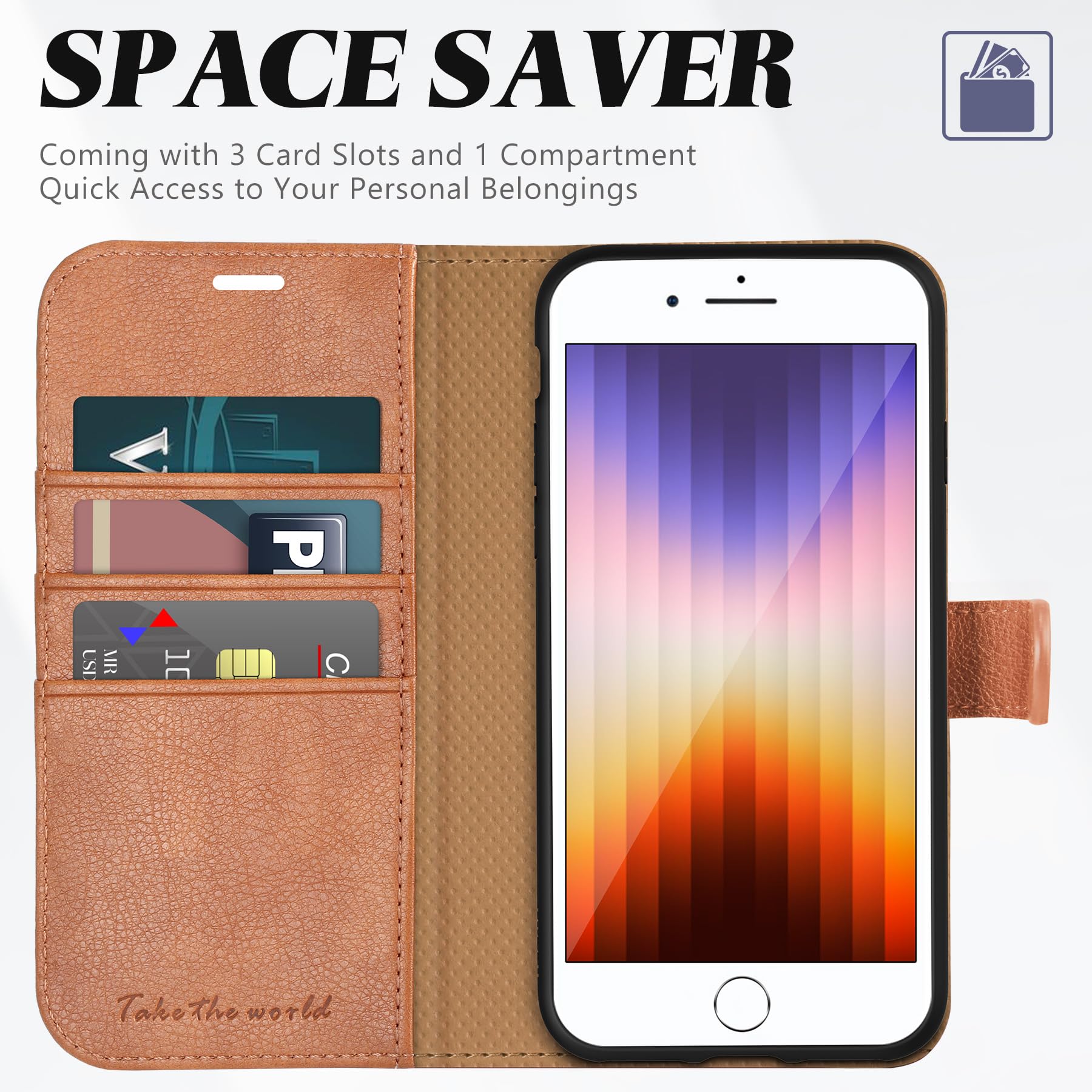 iPhone SE 2022/ iPhone 7/8/iPhone SE 2020, PU Leather 3 Card Slots Stand Magnetic Flip Folio Cover TPU Shockproof Inner Shell, Black