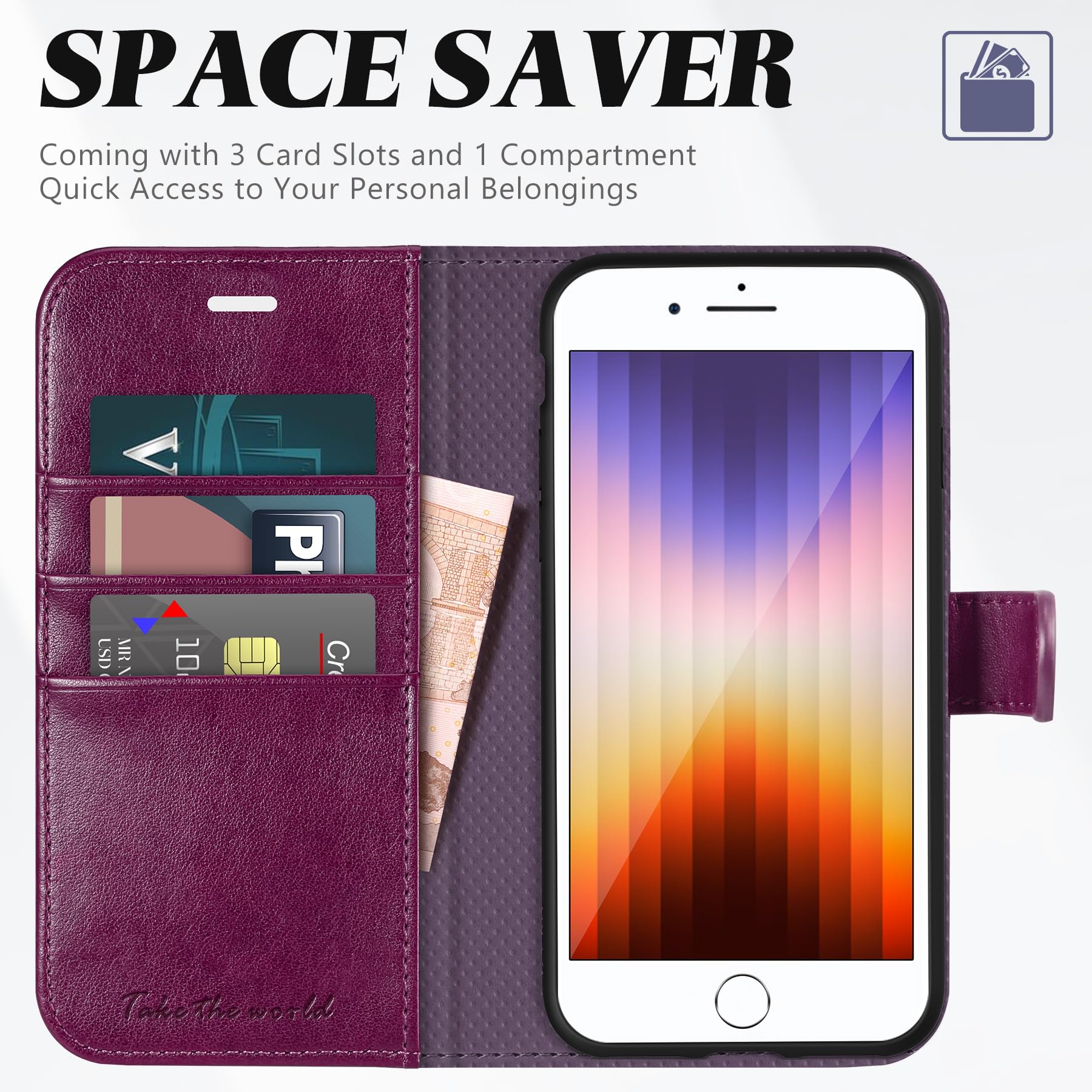 iPhone SE 2022/ iPhone 7/8/iPhone SE 2020, PU Leather 3 Card Slots Stand Magnetic Flip Folio Cover TPU Shockproof Inner Shell, Black