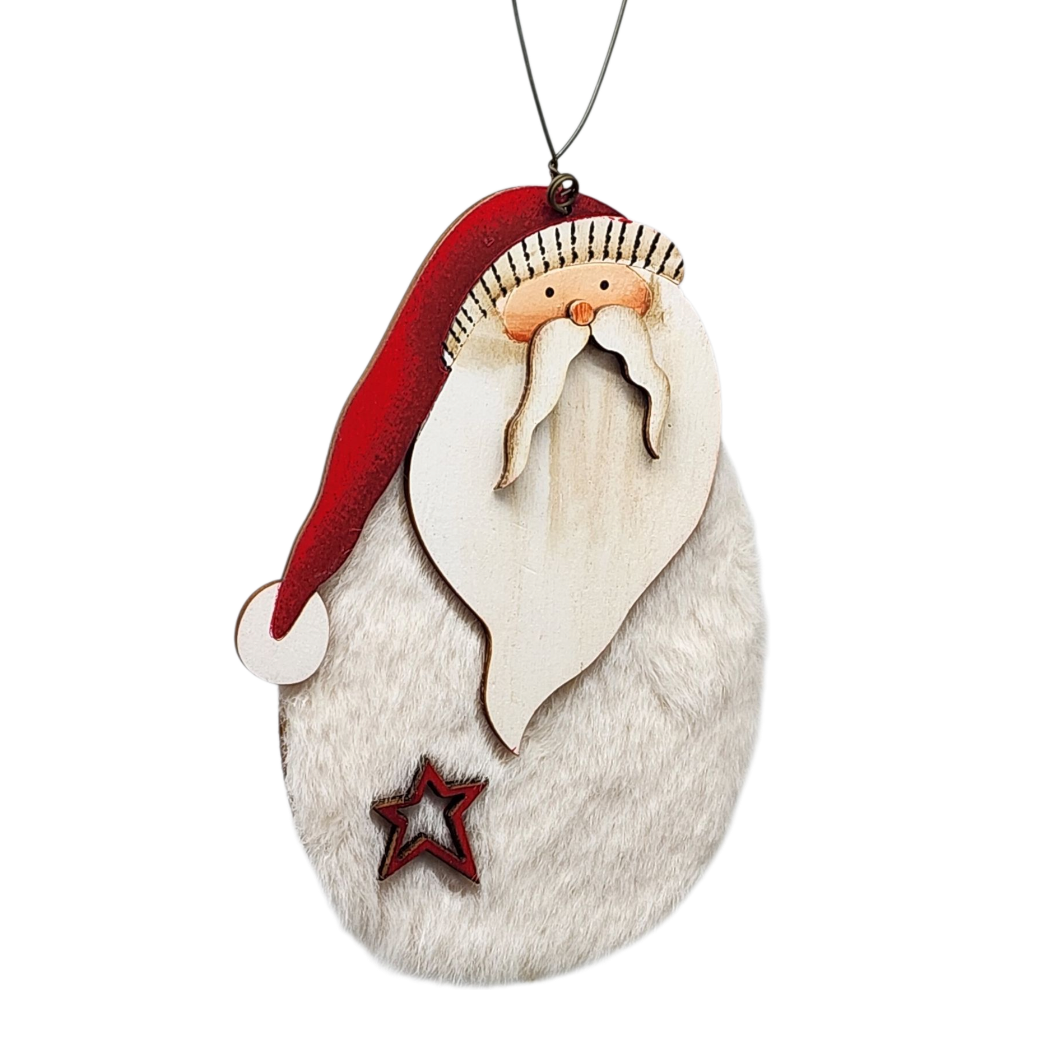 Fuzzy Wooden Santa Ornament - 5 Inches
