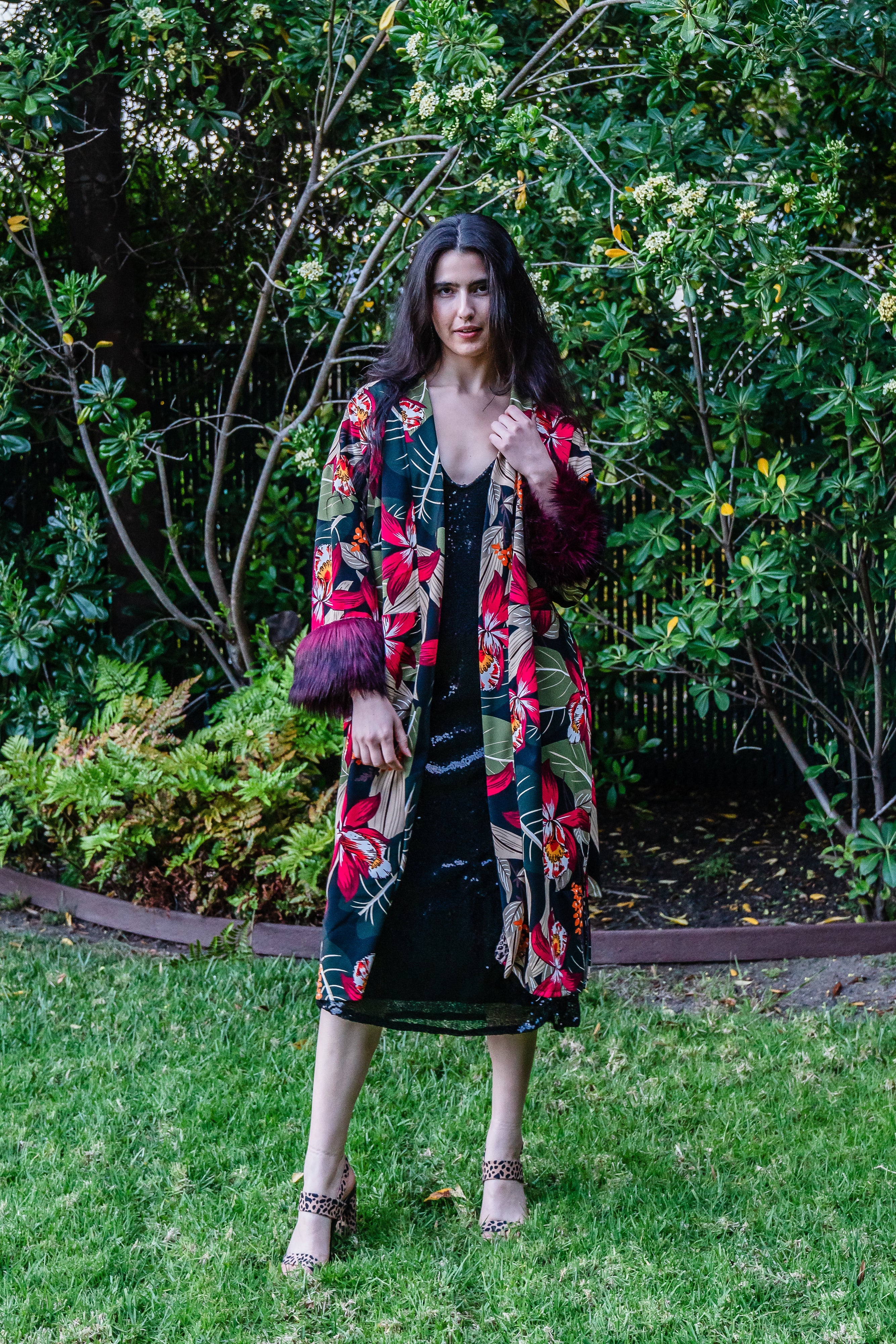 Jardin Nuit Faux Fur Koi Kimono