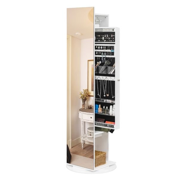 Jewelry Armoire with Full Length Mirror 360° and Large Capacity Jewelry Organizer Armoire; Lockable Mirror with Jewelry Storage; Coat Rack; Multi Storage Shelves