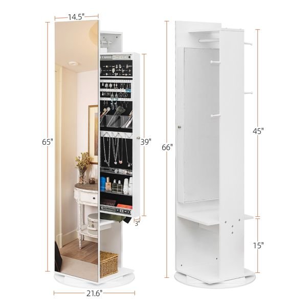 Jewelry Armoire with Full Length Mirror 360° and Large Capacity Jewelry Organizer Armoire; Lockable Mirror with Jewelry Storage; Coat Rack; Multi Storage Shelves