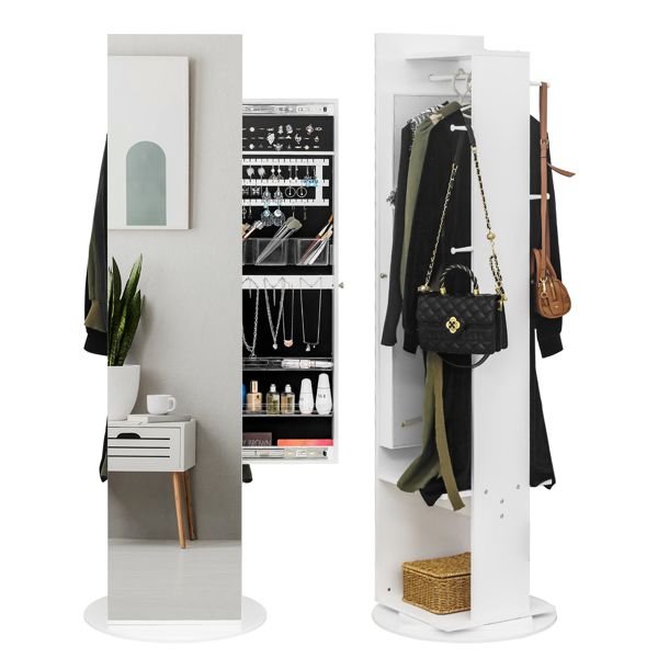 Jewelry Armoire with Full Length Mirror 360° and Large Capacity Jewelry Organizer Armoire; Lockable Mirror with Jewelry Storage; Coat Rack; Multi Storage Shelves