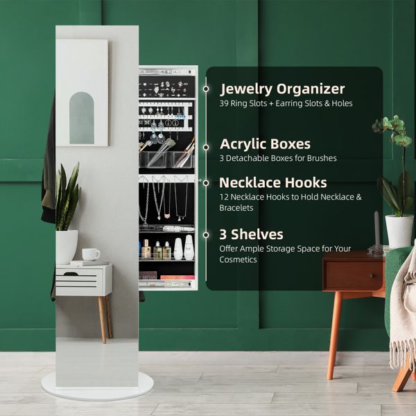 Jewelry Armoire with Full Length Mirror 360° and Large Capacity Jewelry Organizer Armoire; Lockable Mirror with Jewelry Storage; Coat Rack; Multi Storage Shelves