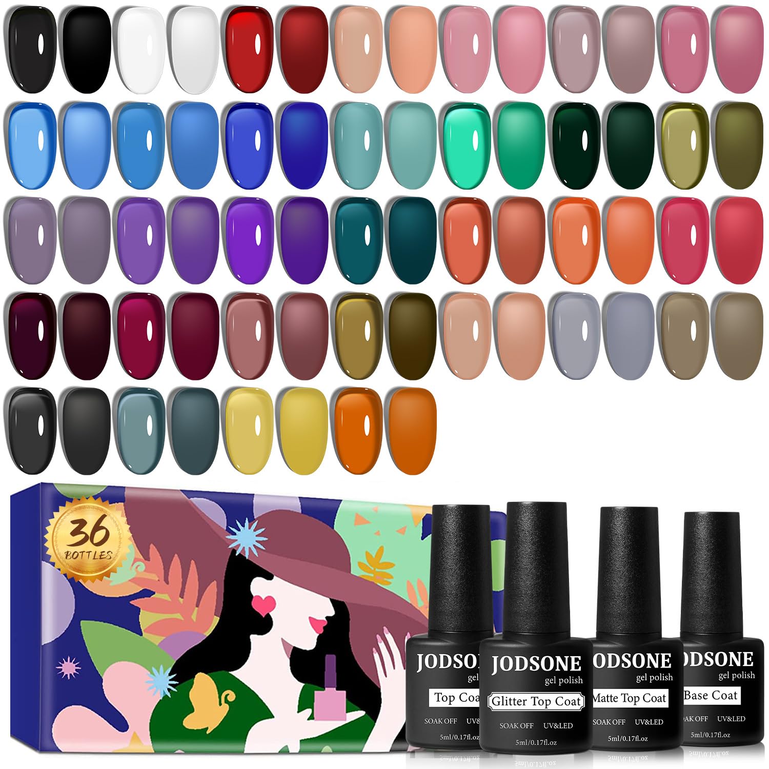 JODSONE 36 PCS Gel Nail Polish Set-32 Colors Gel Polish Kit Base Coat Glossy Matte and Glitter Top Coat Nail Polish Set Green Blue Red Pink Collection Gifts for Women
