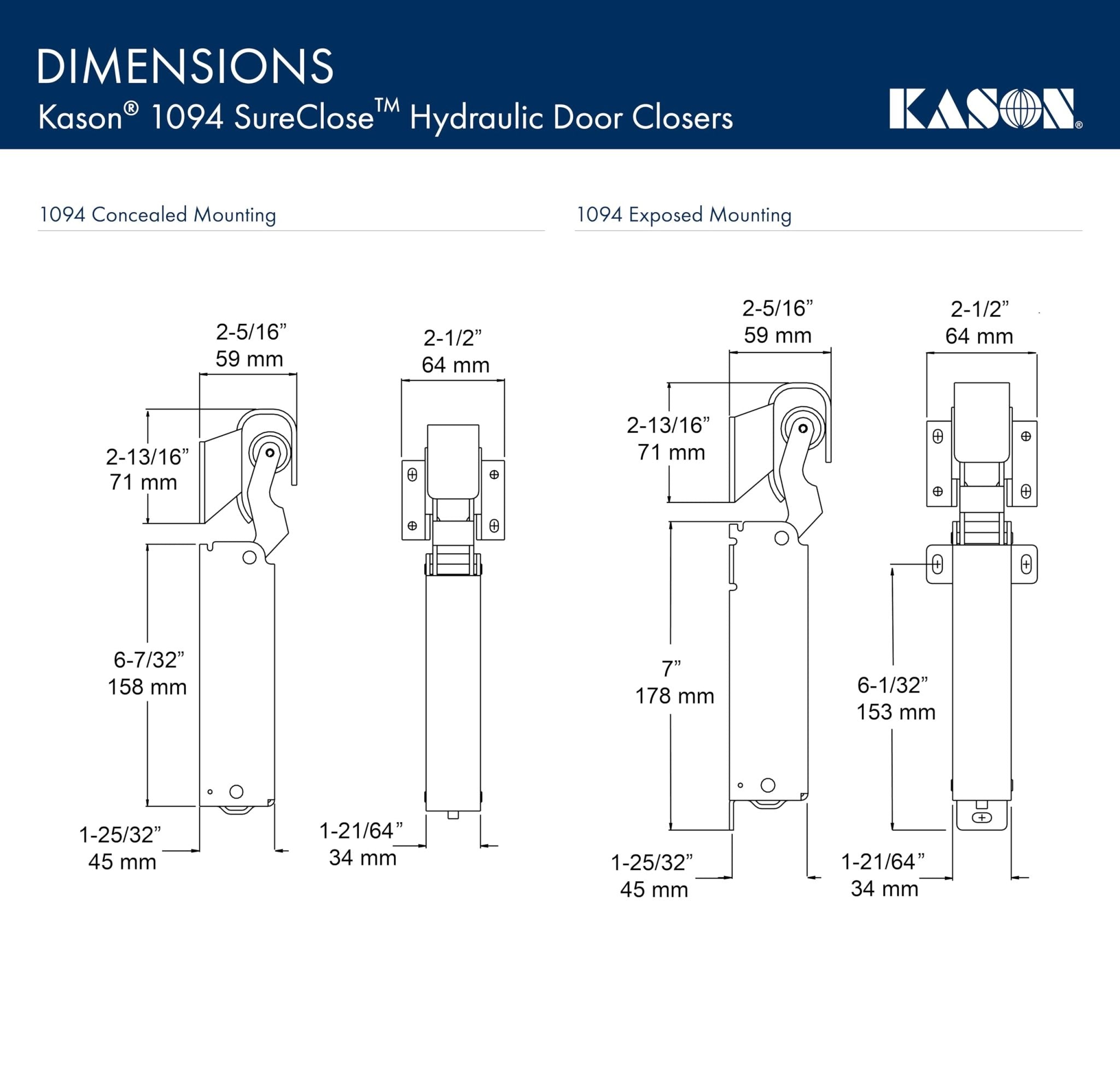 Kason 1094 SureClose Hydraulic Door Closer and Hook, Concealed Mounting, Adjustable Wide-Hook, 7/8 to 1-5/8 Inch Offset, 11094000013_11094000027