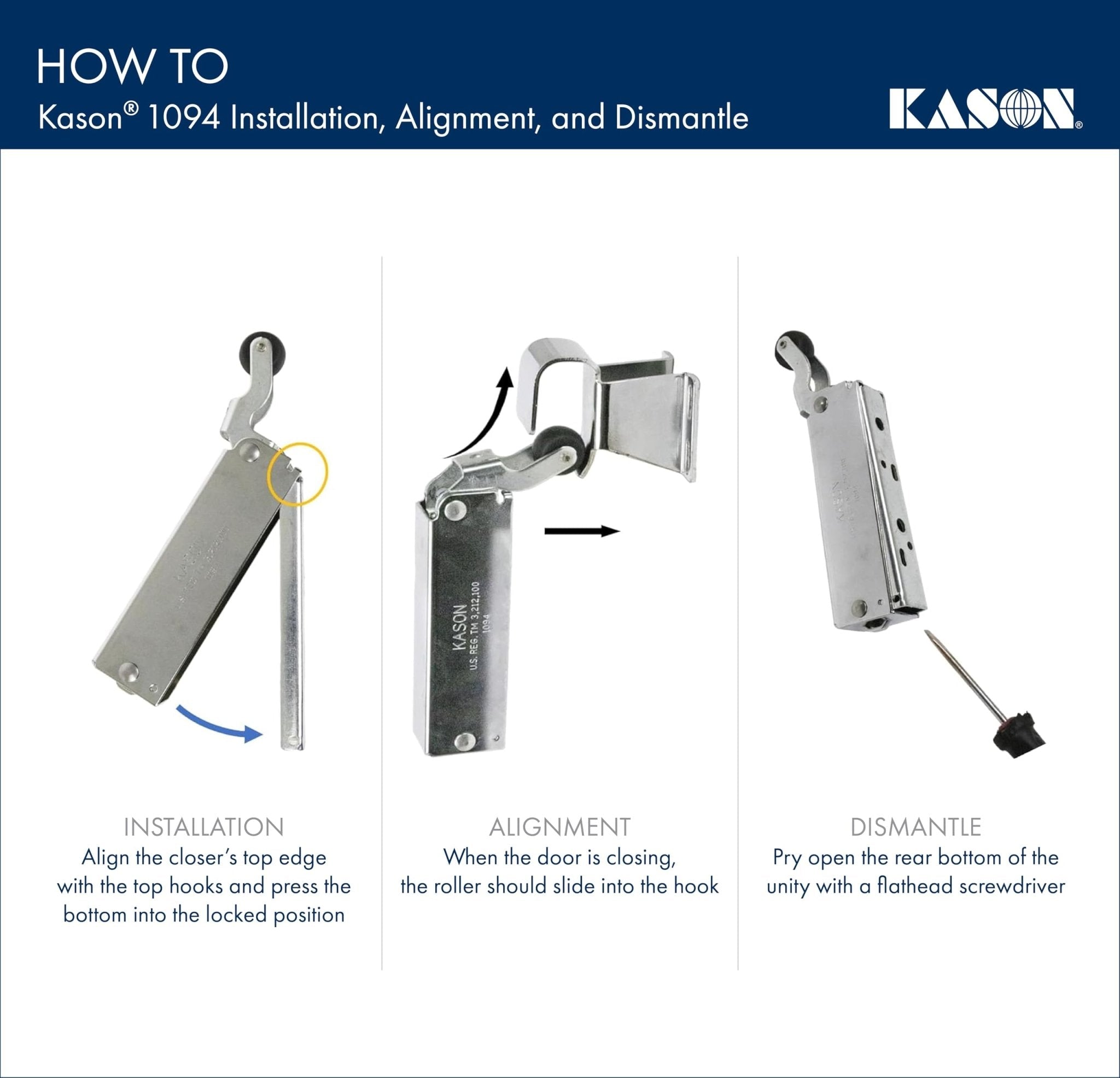 Kason 1094 SureClose Hydraulic Door Closer and Hook, Concealed Mounting, Adjustable Wide-Hook, 7/8 to 1-5/8 Inch Offset, 11094000013_11094000027