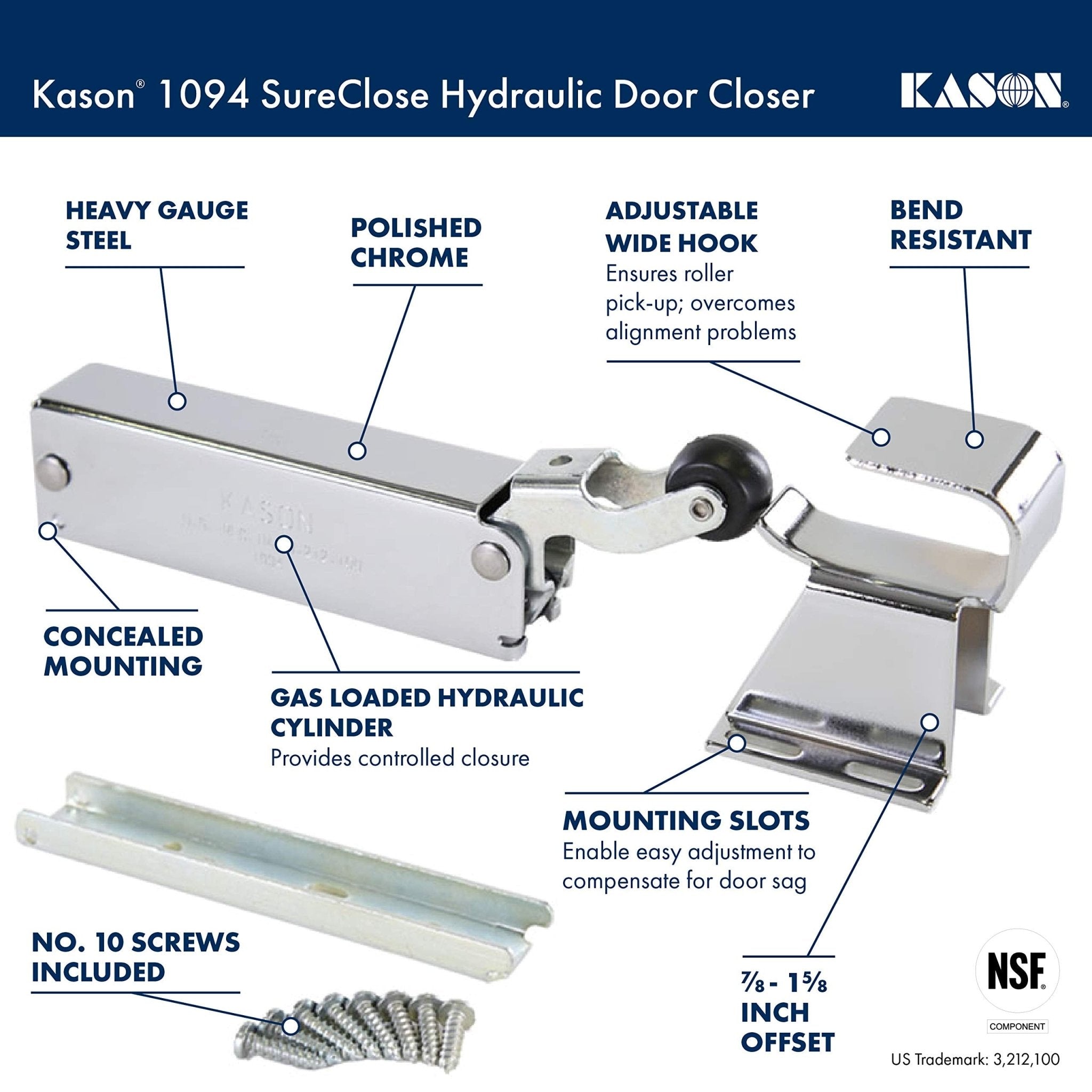 Kason 1094 SureClose Hydraulic Door Closer and Hook, Concealed Mounting, Adjustable Wide-Hook, 7/8 to 1-5/8 Inch Offset, 11094000013_11094000027