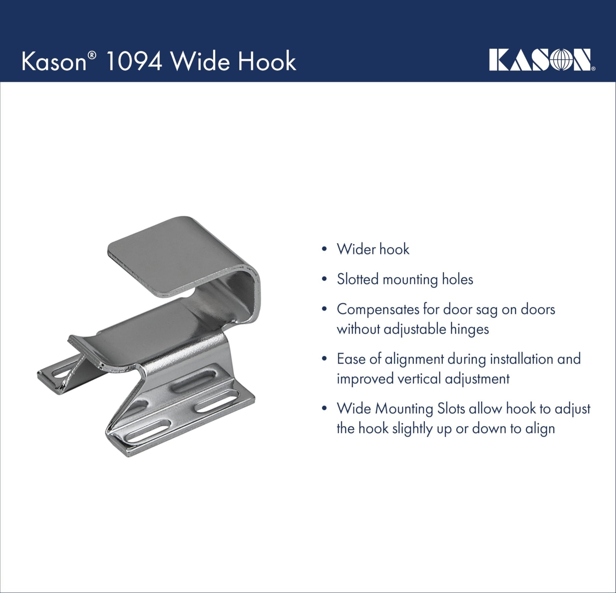 Kason 1094 SureClose Hydraulic Door Closer and Hook, Concealed Mounting, Adjustable Wide-Hook, 7/8 to 1-5/8 Inch Offset, 11094000013_11094000027
