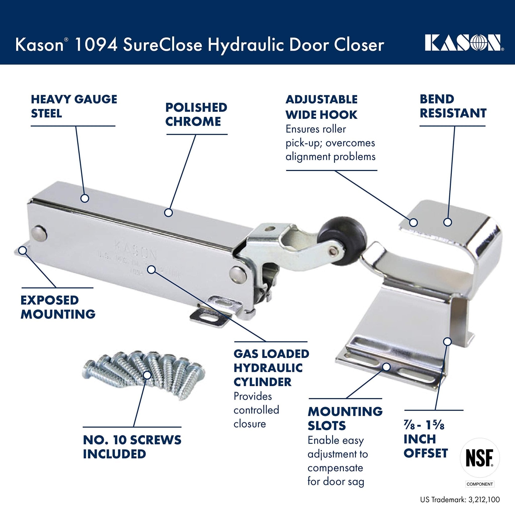 Kason 1094 SureClose Hydraulic Door Closer and Hook, Concealed Mounting, Adjustable Wide-Hook, 7/8 to 1-5/8 Inch Offset, 11094000013_11094000027