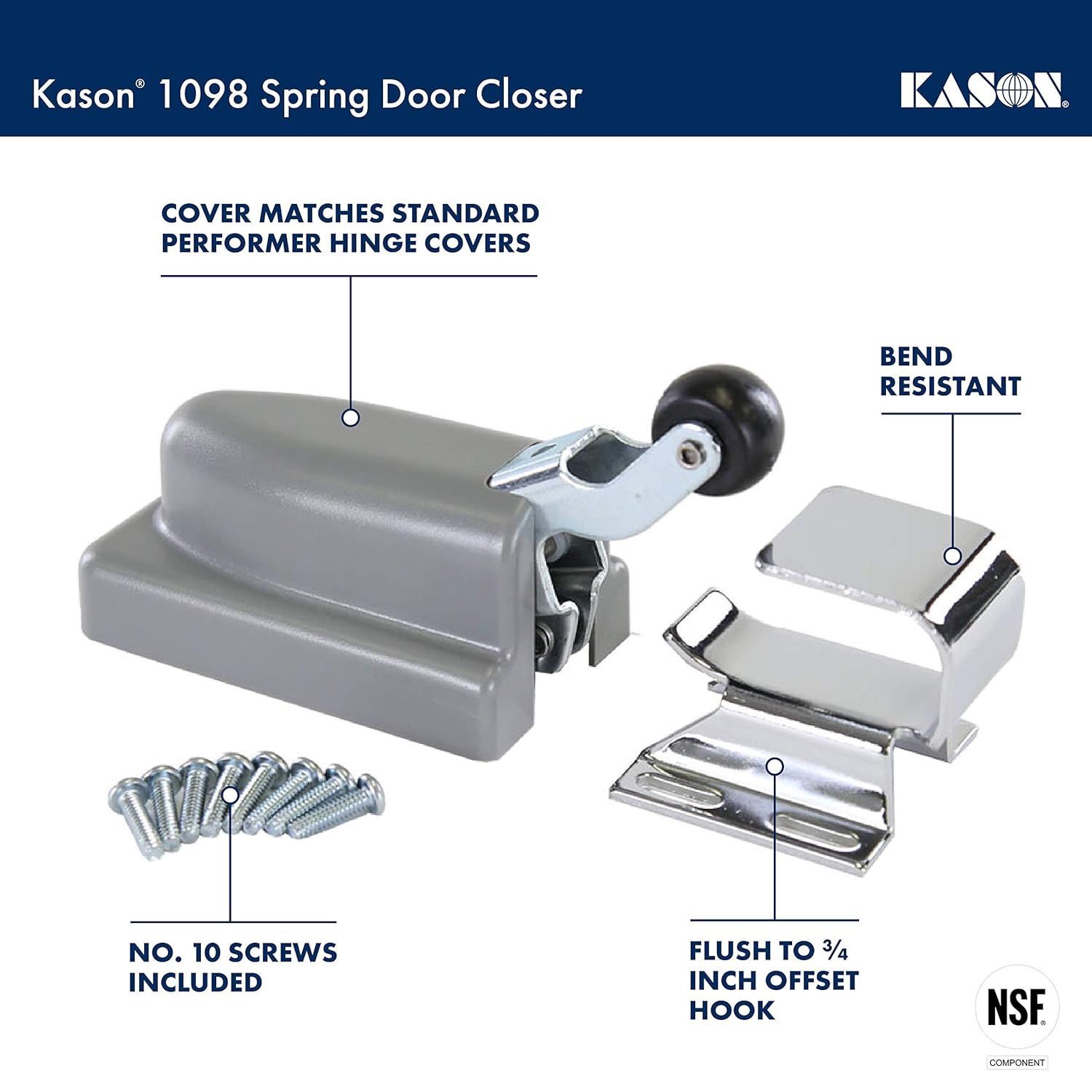 Kason 1098 Spring Door Closer, Flush Hook, 11098000004